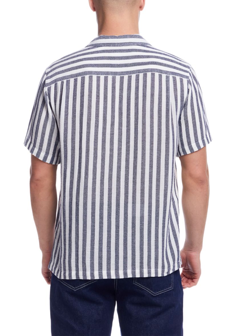 Mens Short Sleeve Cotton Linen Airtex Stripe Shirt 