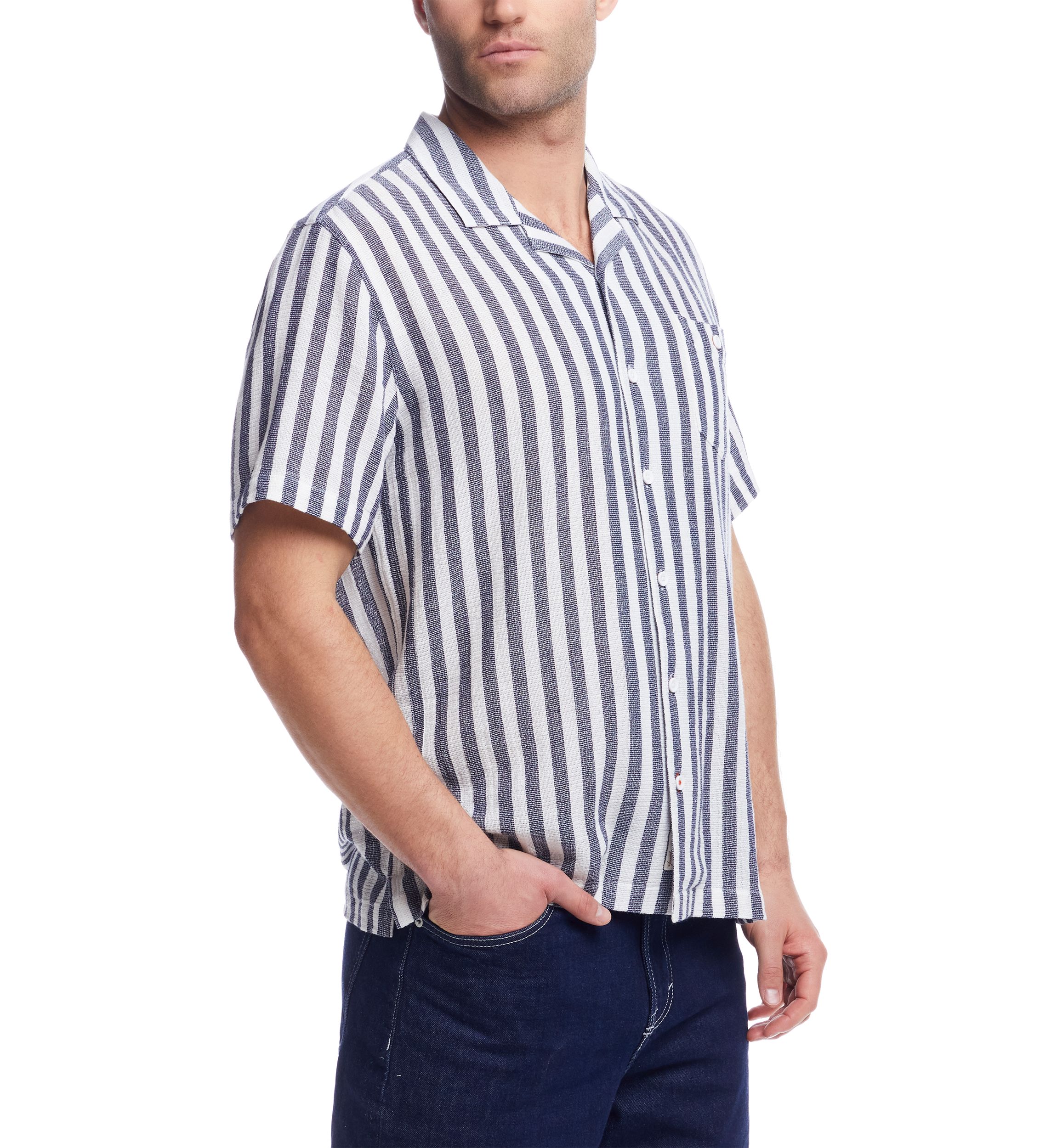 Mens Short Sleeve Cotton Linen Airtex Stripe Shirt 
