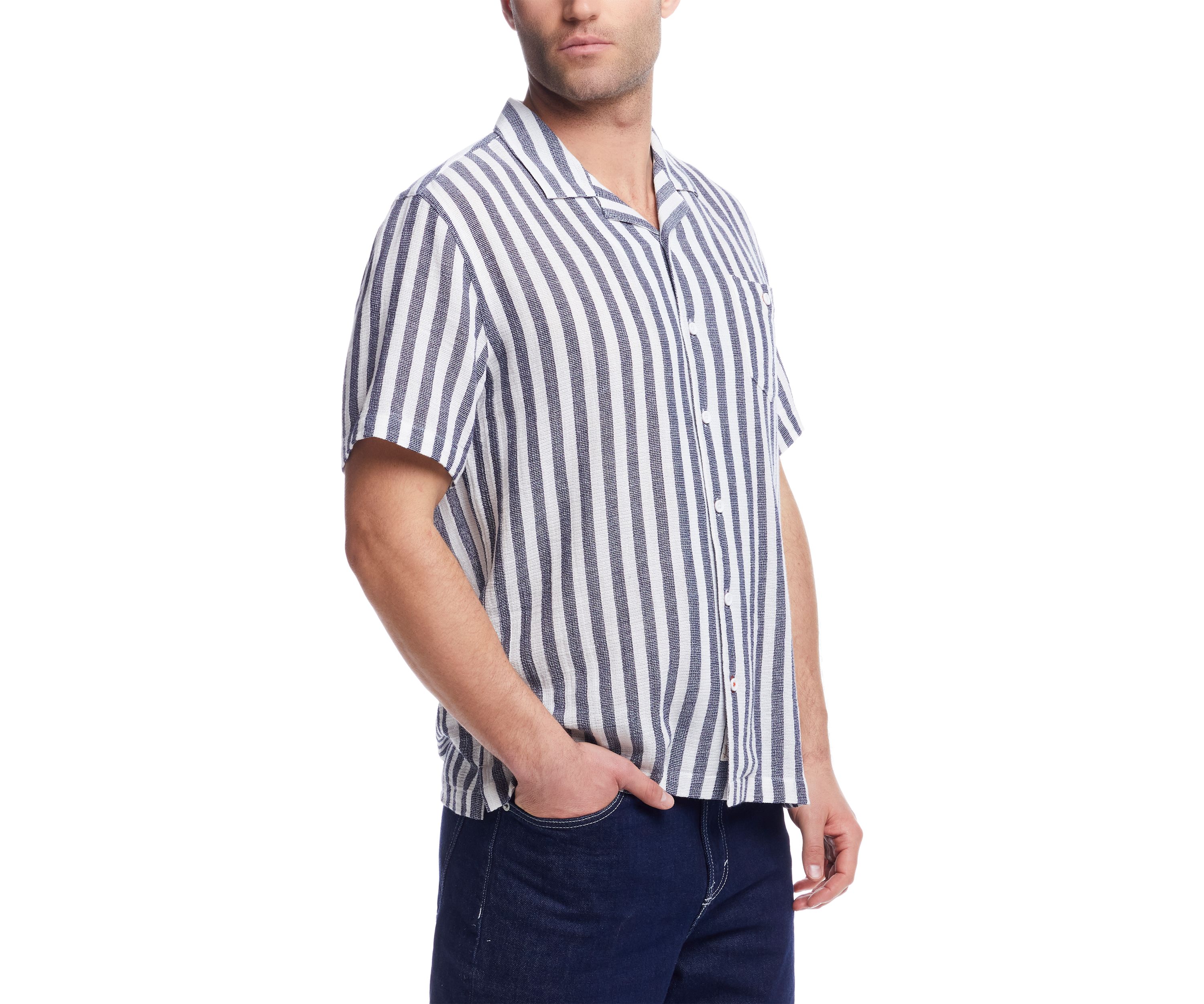 Mens Short Sleeve Cotton Linen Airtex Stripe Shirt 