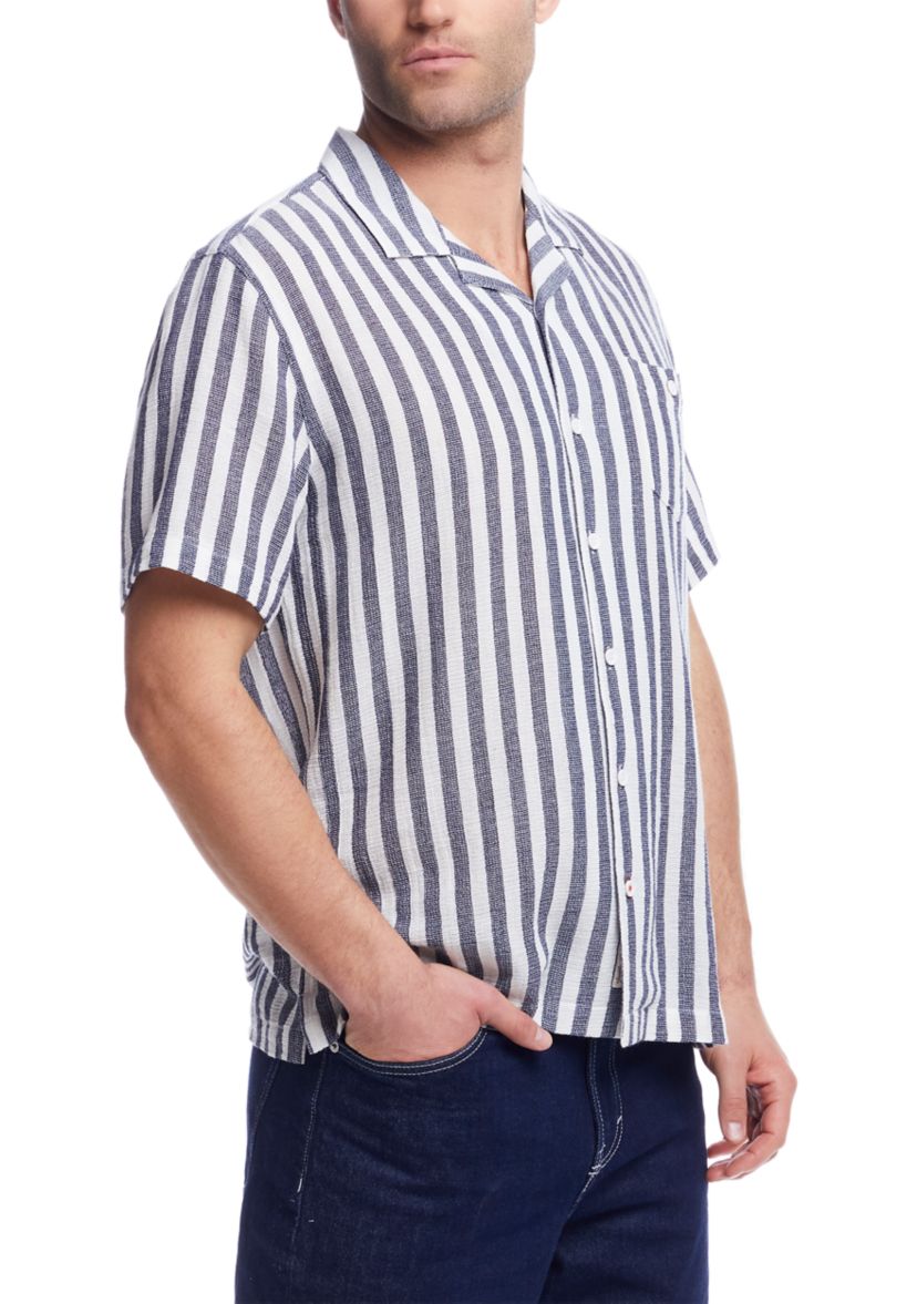 Mens Short Sleeve Cotton Linen Airtex Stripe Shirt 