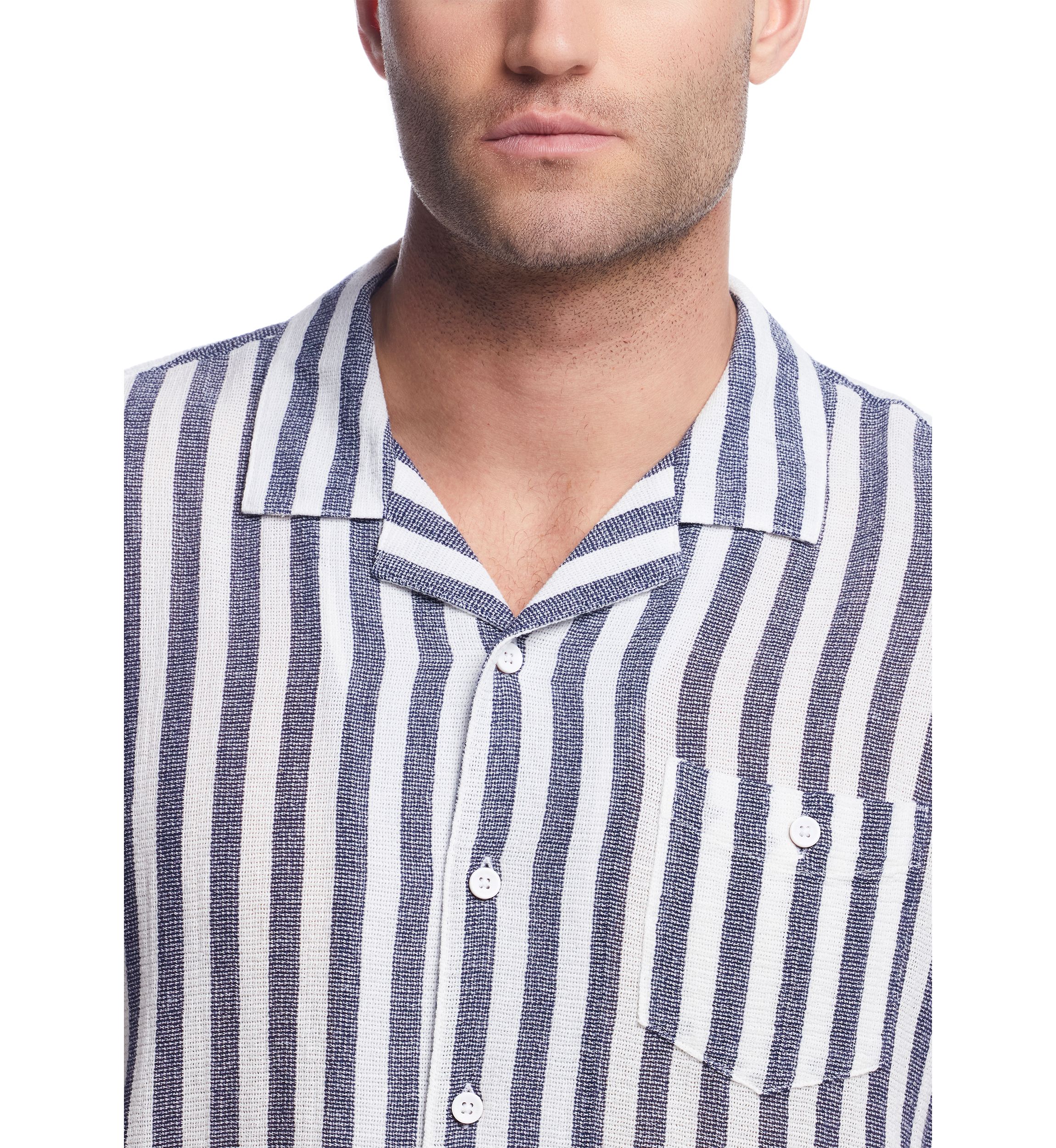 Mens Short Sleeve Cotton Linen Airtex Stripe Shirt 