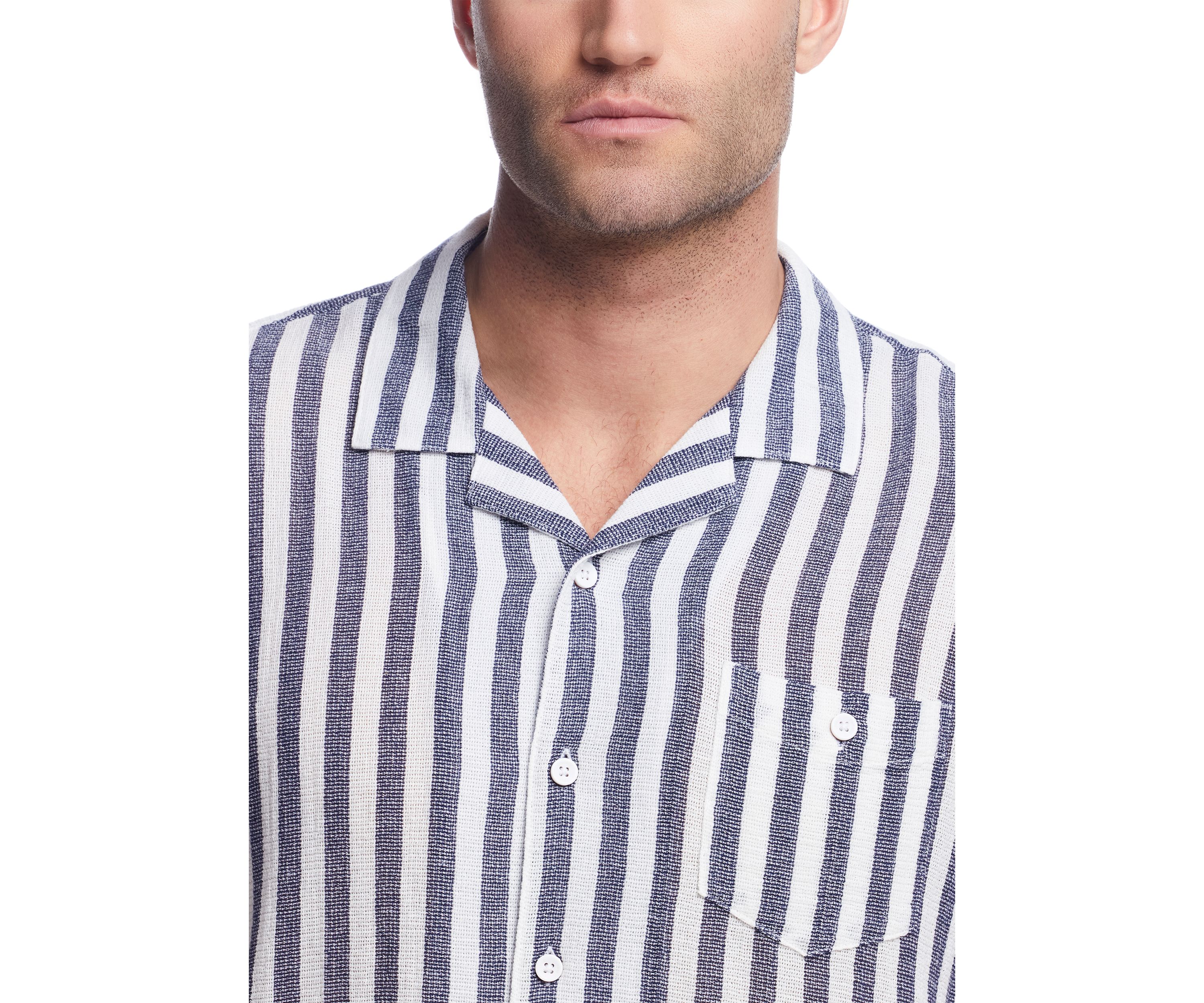 Mens Short Sleeve Cotton Linen Airtex Stripe Shirt 