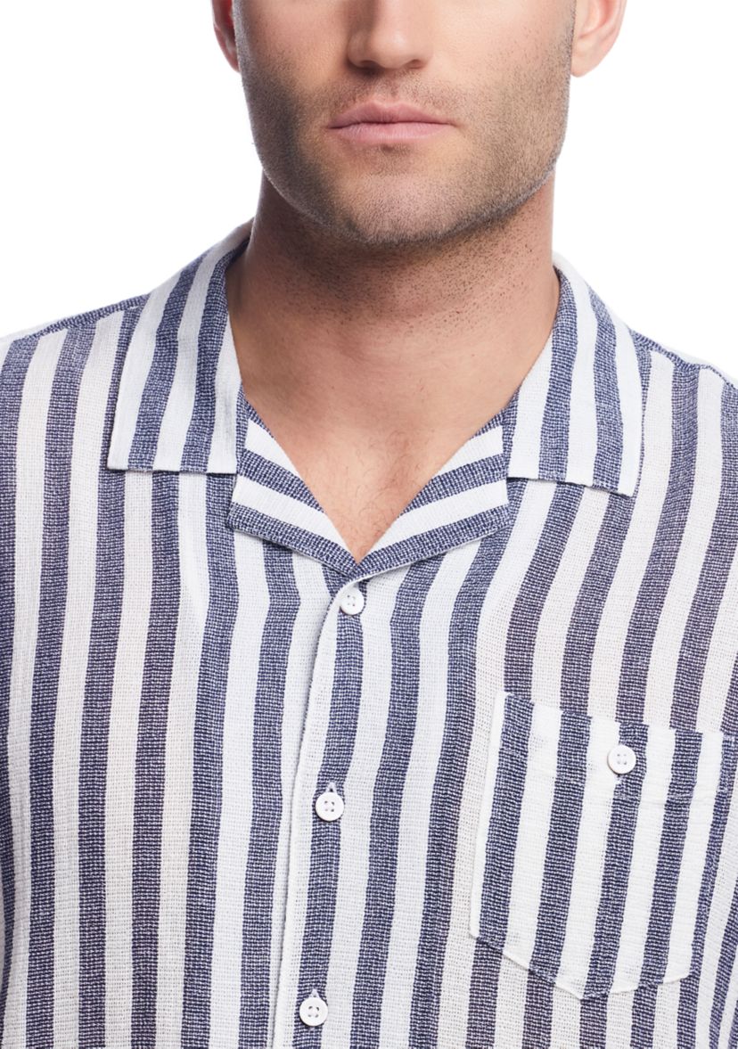 Mens Short Sleeve Cotton Linen Airtex Stripe Shirt 