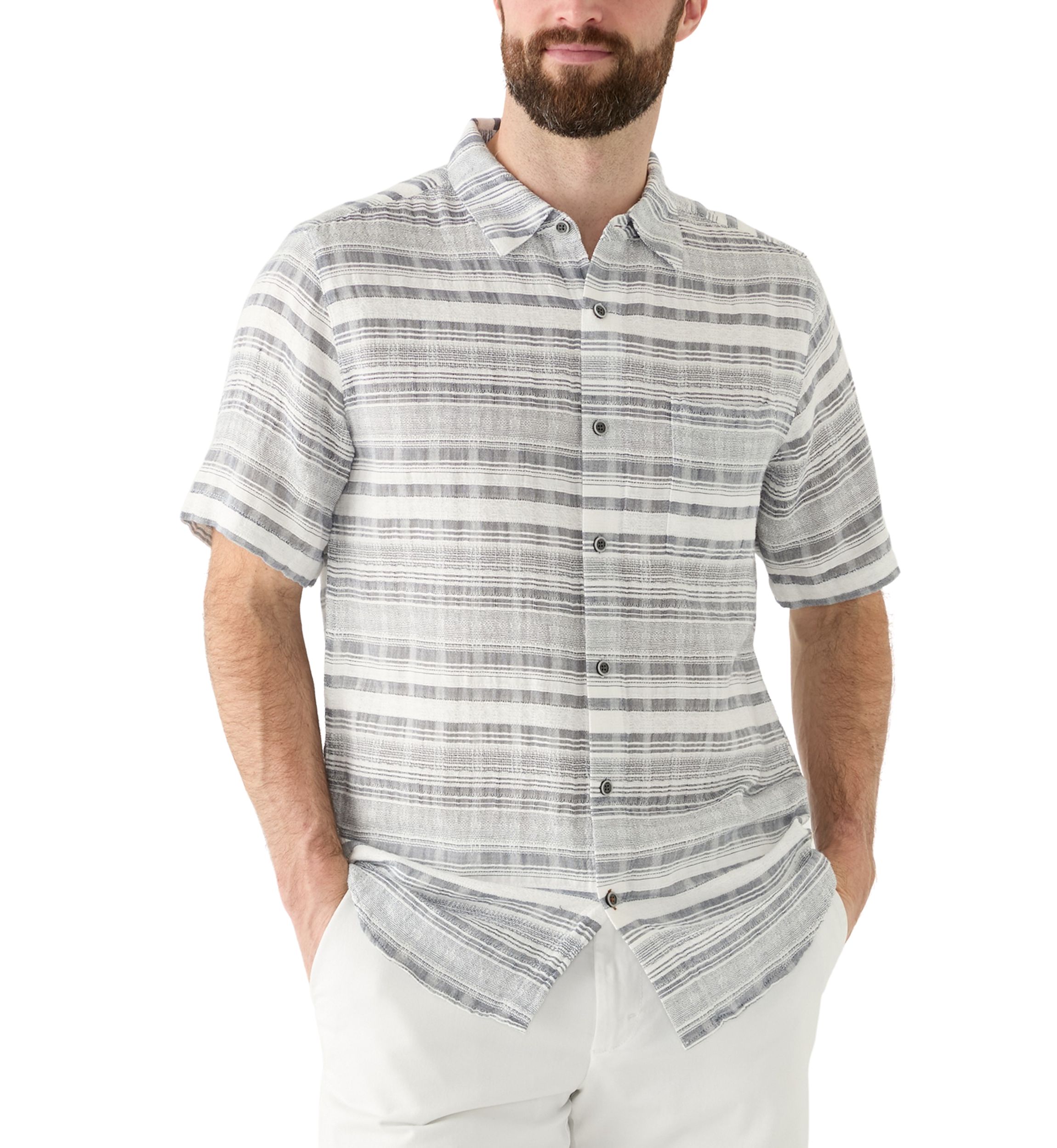 Mens Short Sleeve Cotton Dobby Horizontal Stripe Shirt