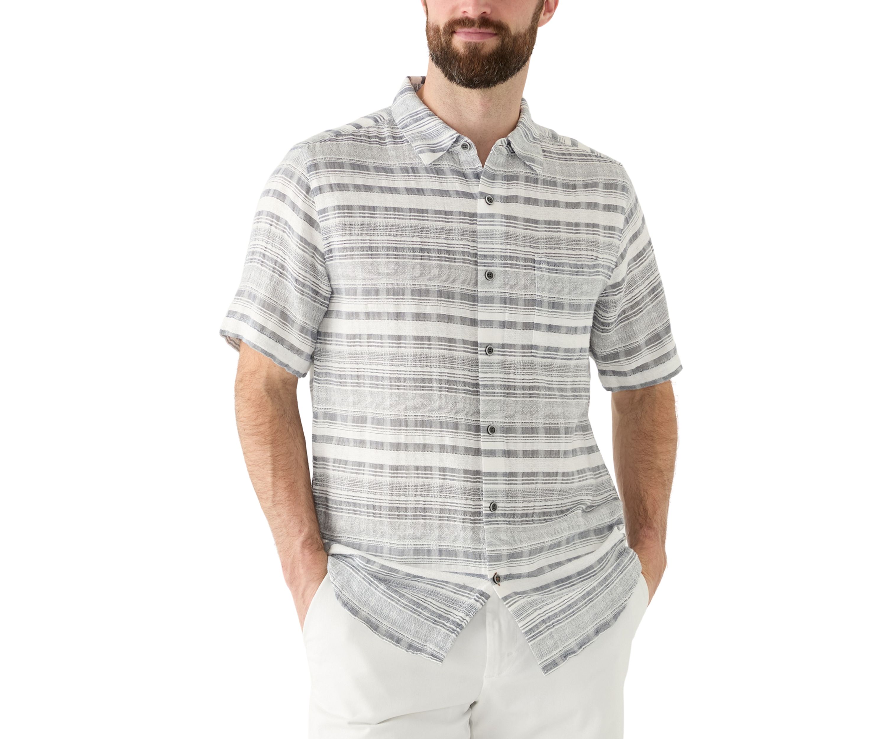 Mens Short Sleeve Cotton Dobby Horizontal Stripe Shirt