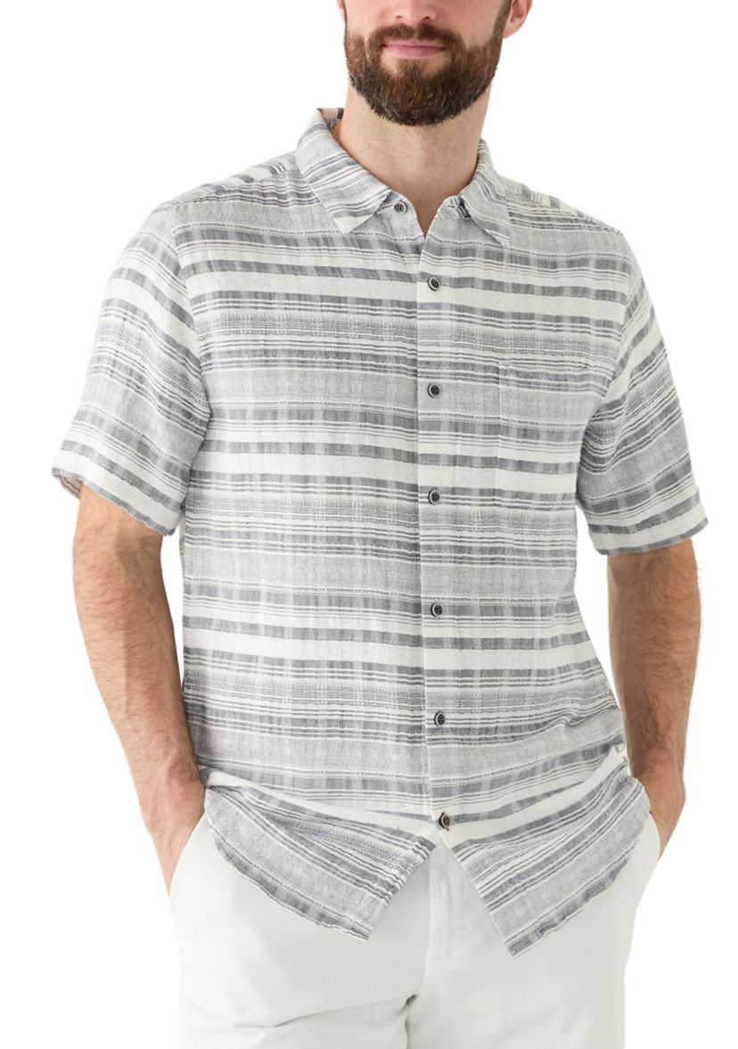 Mens Short Sleeve Cotton Dobby Horizontal Stripe Shirt