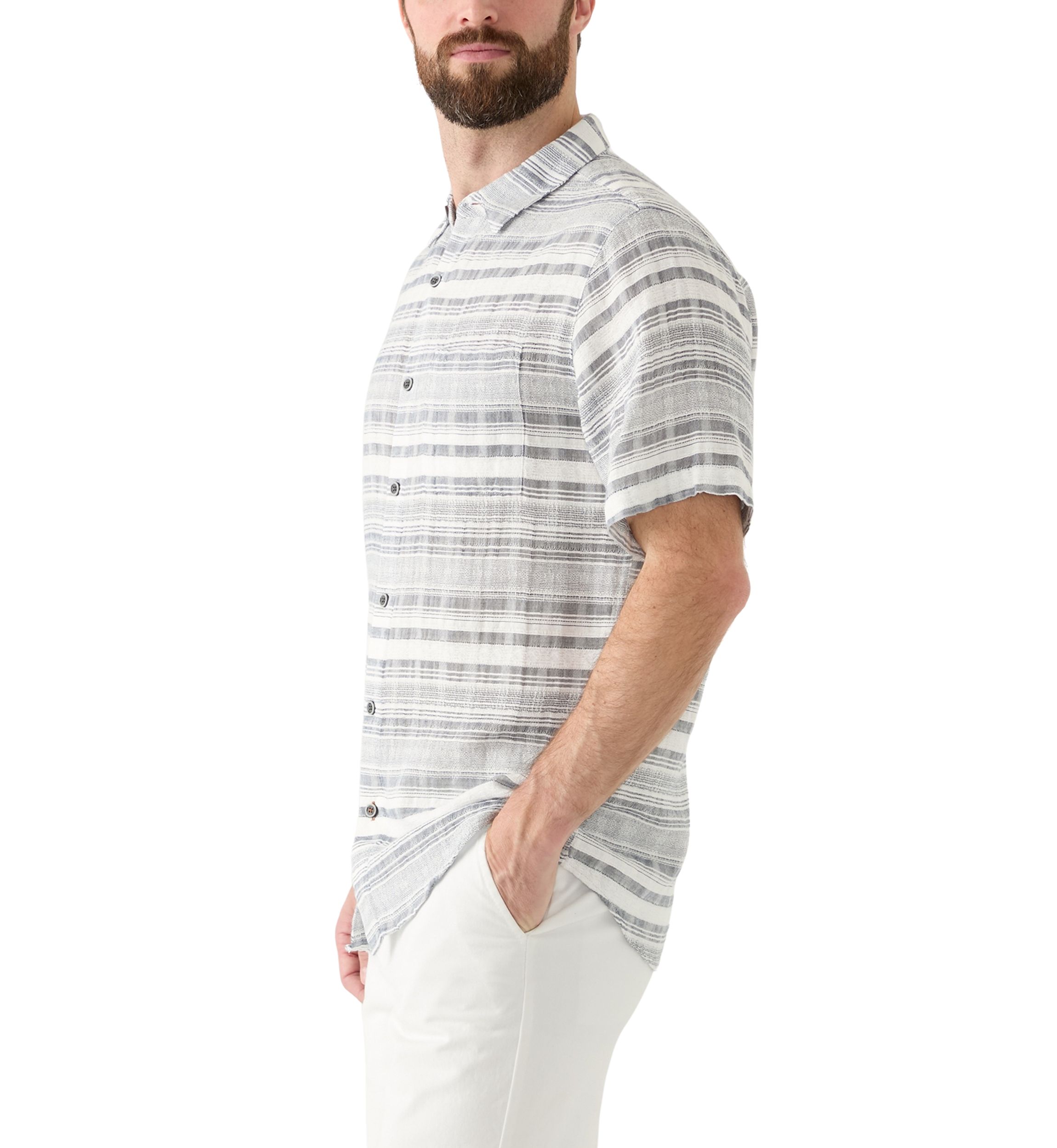 Mens Short Sleeve Cotton Dobby Horizontal Stripe Shirt