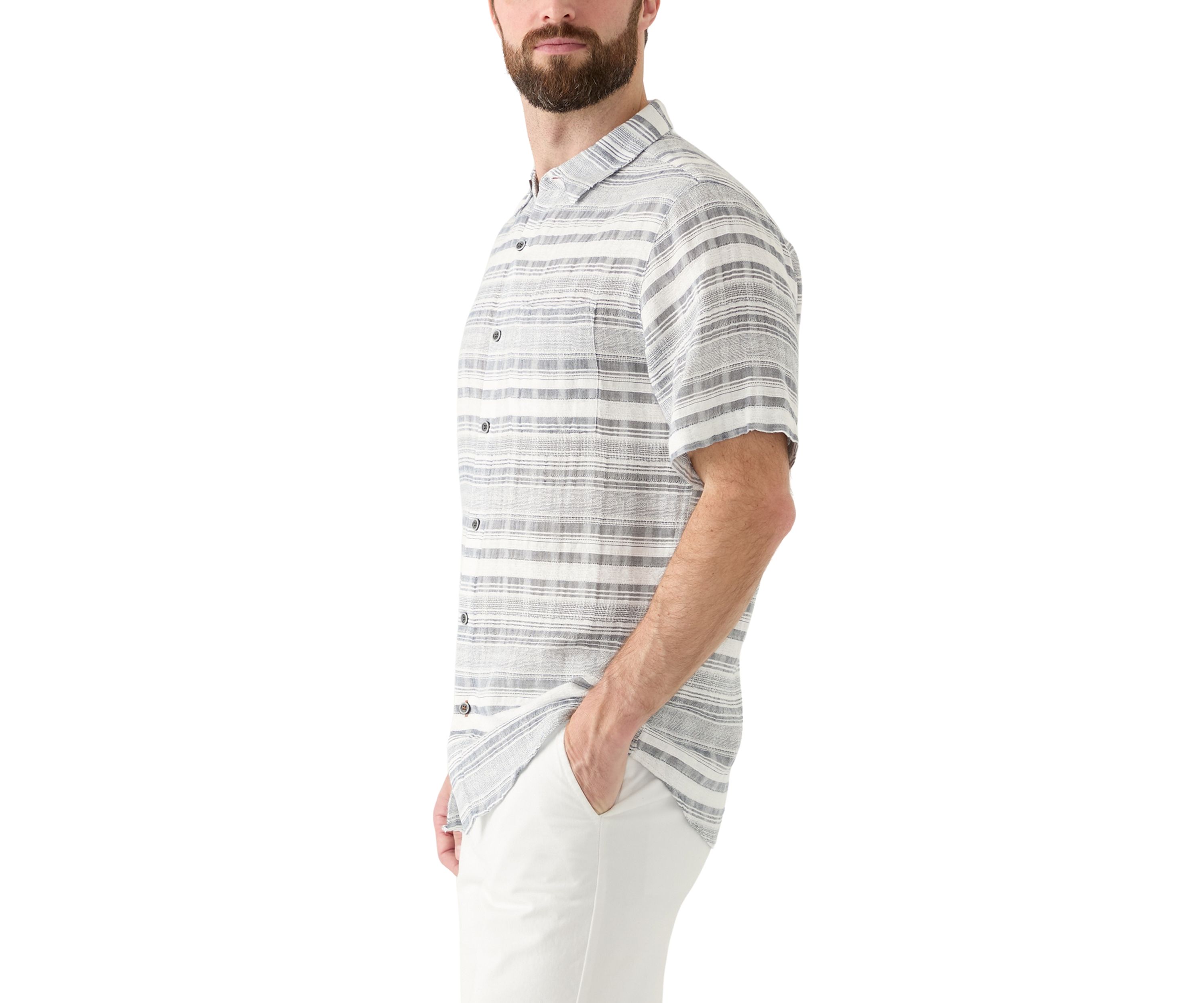 Mens Short Sleeve Cotton Dobby Horizontal Stripe Shirt