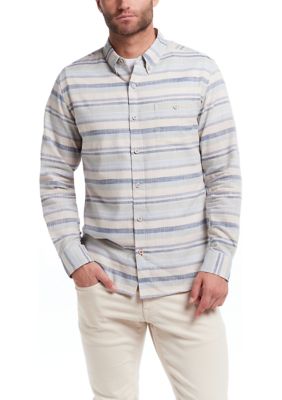 Weatherproof Vintage Men's Long Sleeve Linen Cotton Button Down Shirt, Blue, 2XL
