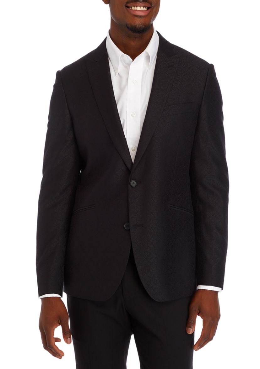 Mens Black Tonal Jacquard Self Peak Lapel Blazer