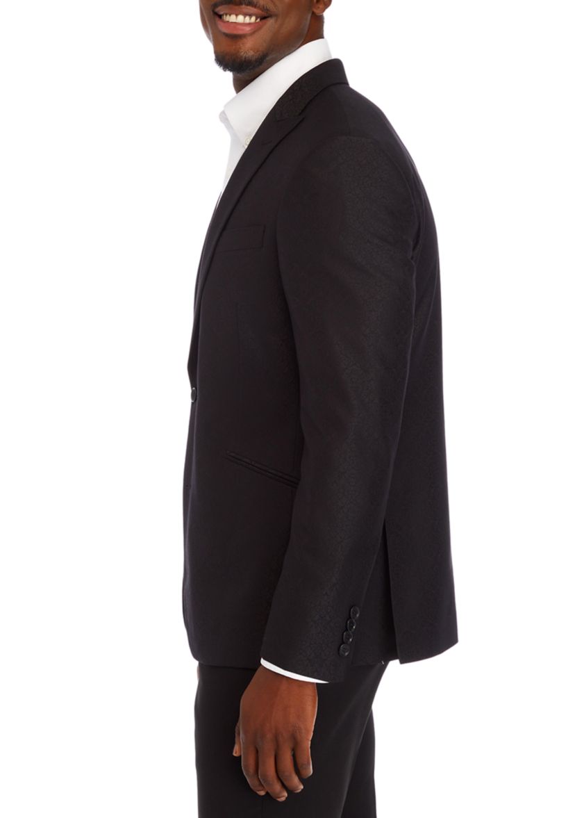 Mens Black Tonal Jacquard Self Peak Lapel Blazer
