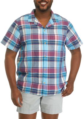 Lucky Brand Men's Big & Tall Short Sleeve Plaid Linen Camp Shirt