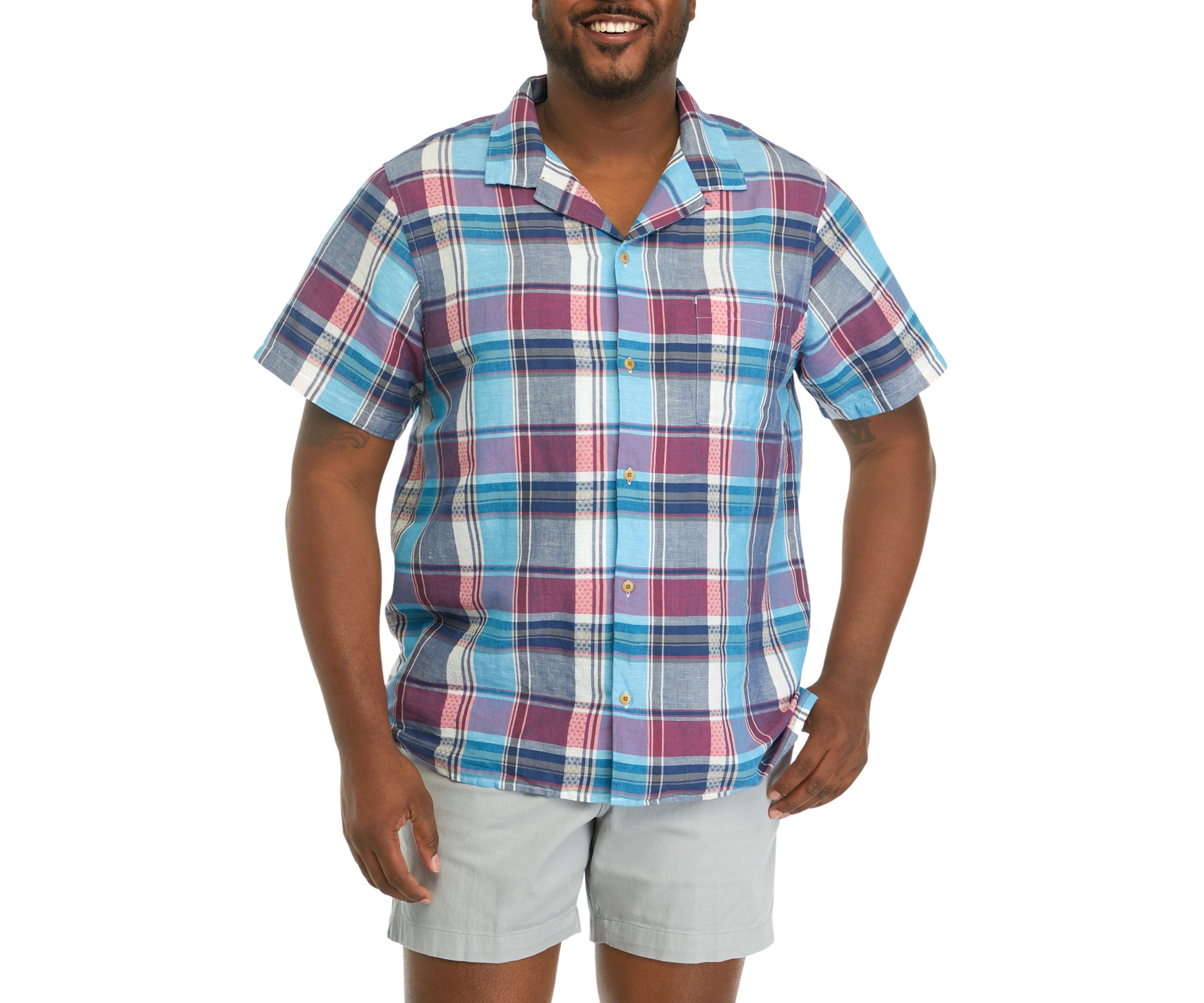 Big & Tall Short Sleeve Plaid Linen Camp Shirt