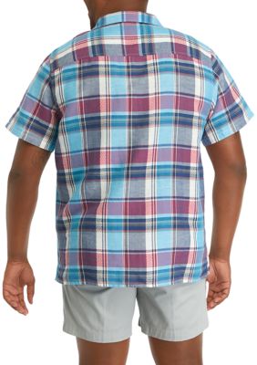 Big & Tall Short Sleeve Plaid Linen Camp Shirt