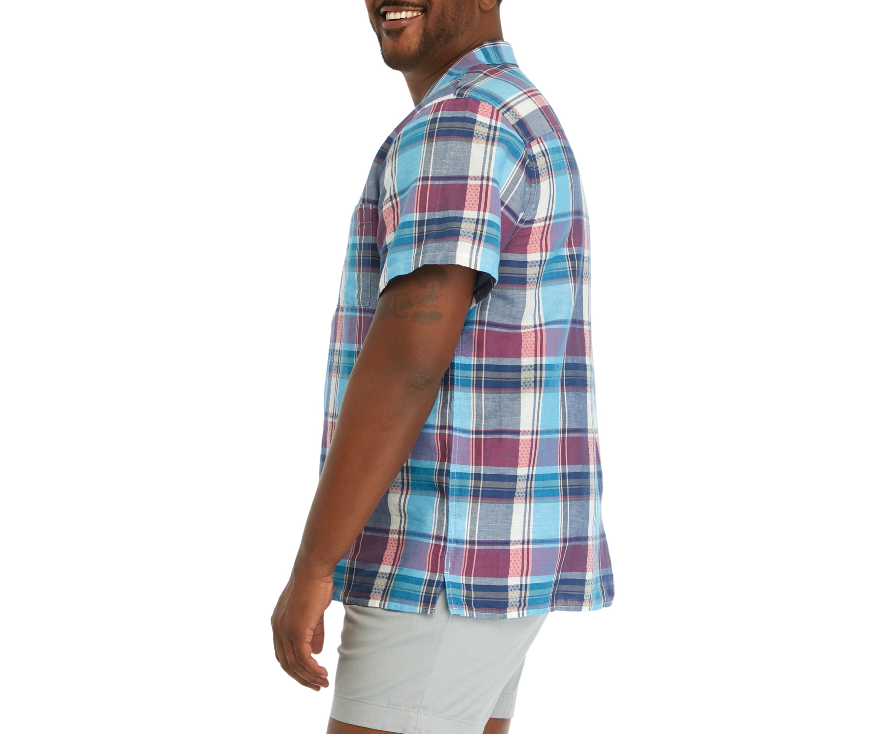 Big & Tall Short Sleeve Plaid Linen Camp Shirt