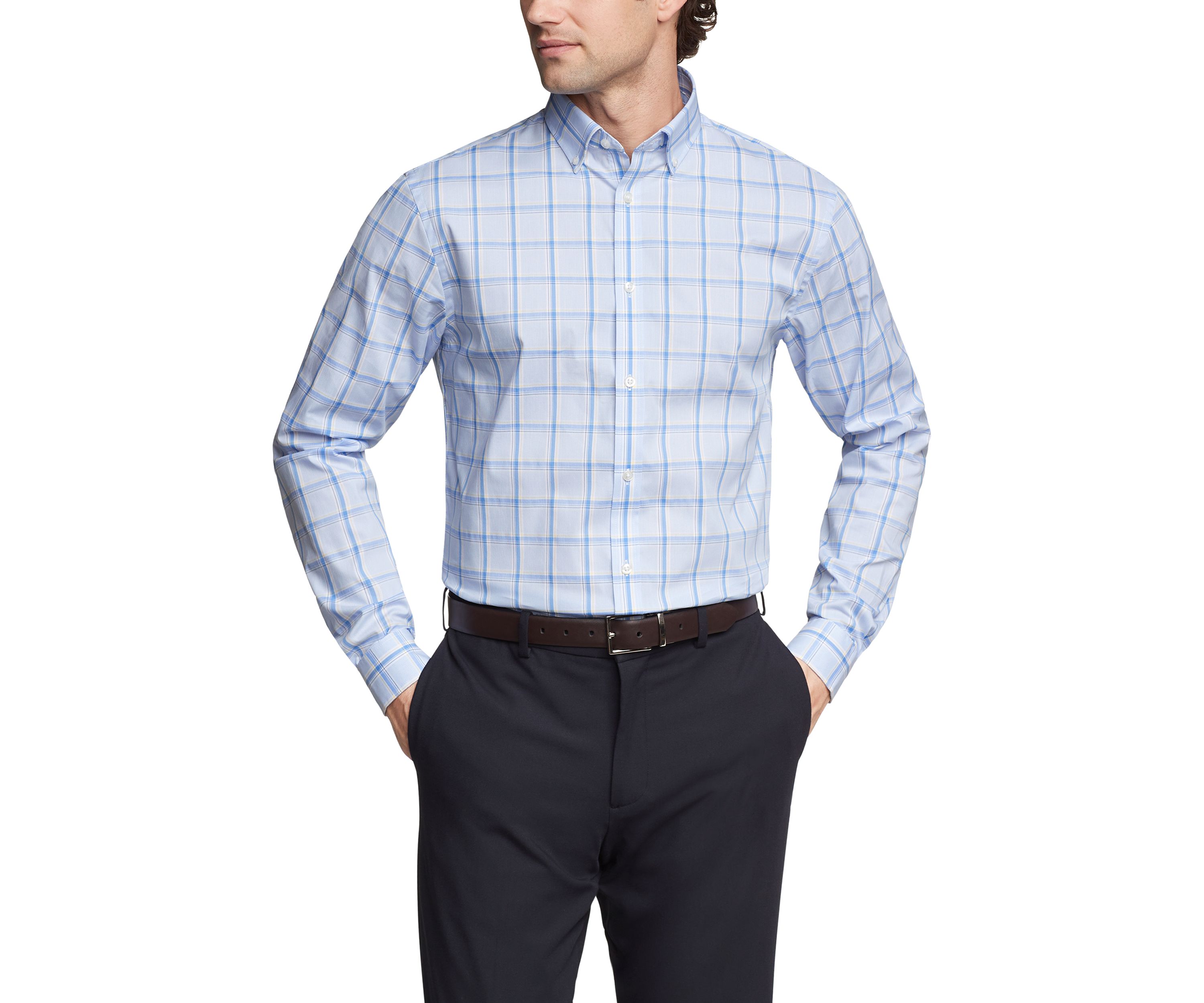 Mens Dress Shirt Slim Fit Stretch Cool FX Cooling Collar Check Dress Shirt