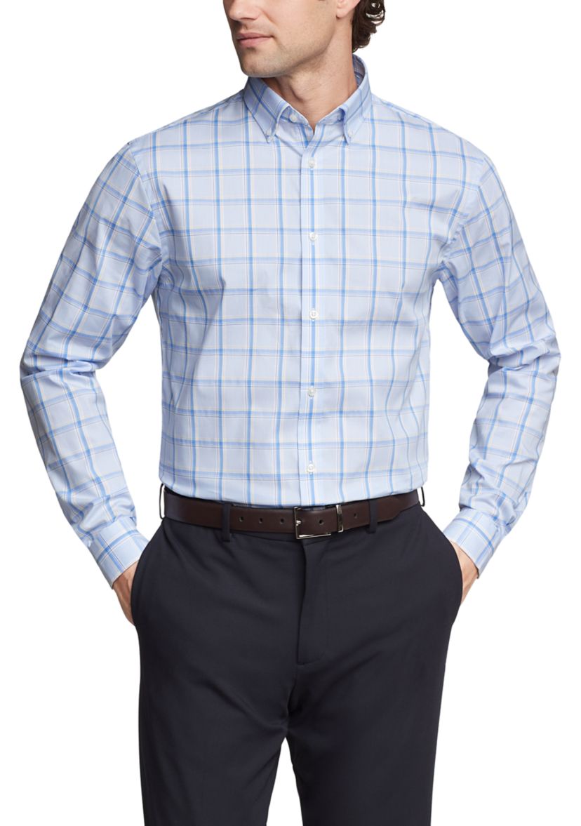 Mens Dress Shirt Slim Fit Stretch Cool FX Cooling Collar Check Dress Shirt