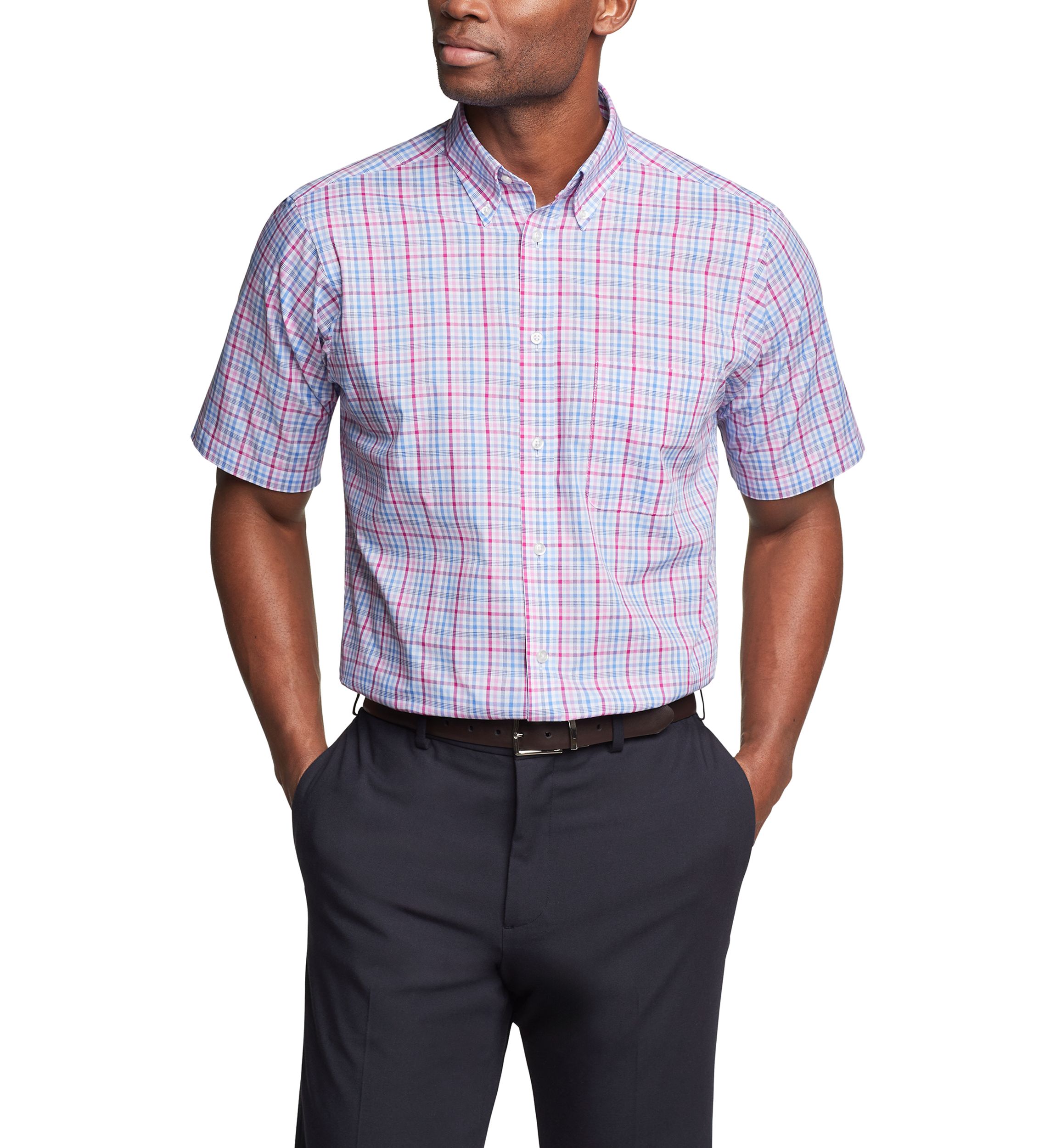 Mens Regular Fit All Over Stretch Short Sleeve Dress Shirt