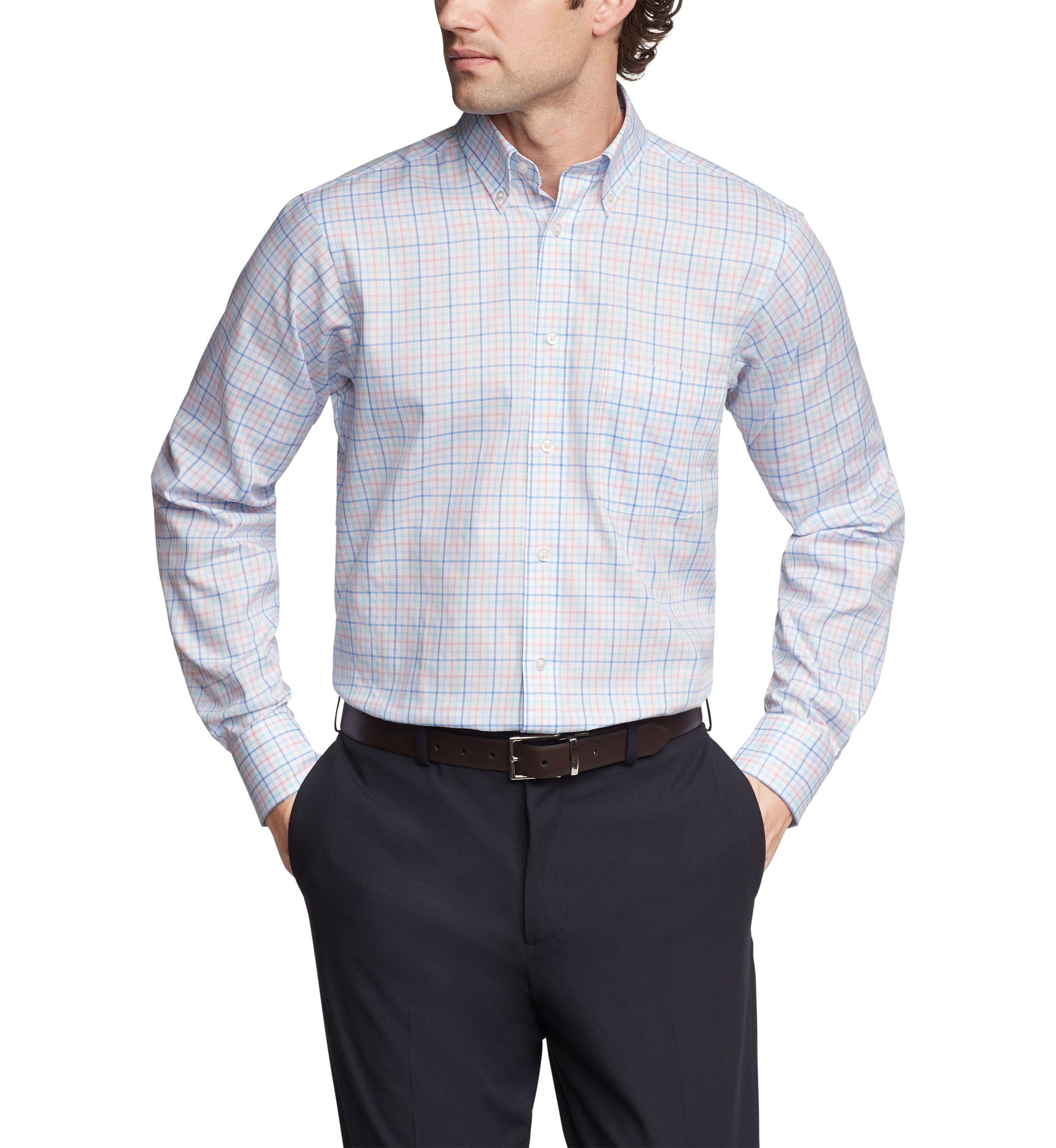 Mens Tall Plaid Regular Fit Stretch Dress Shirt