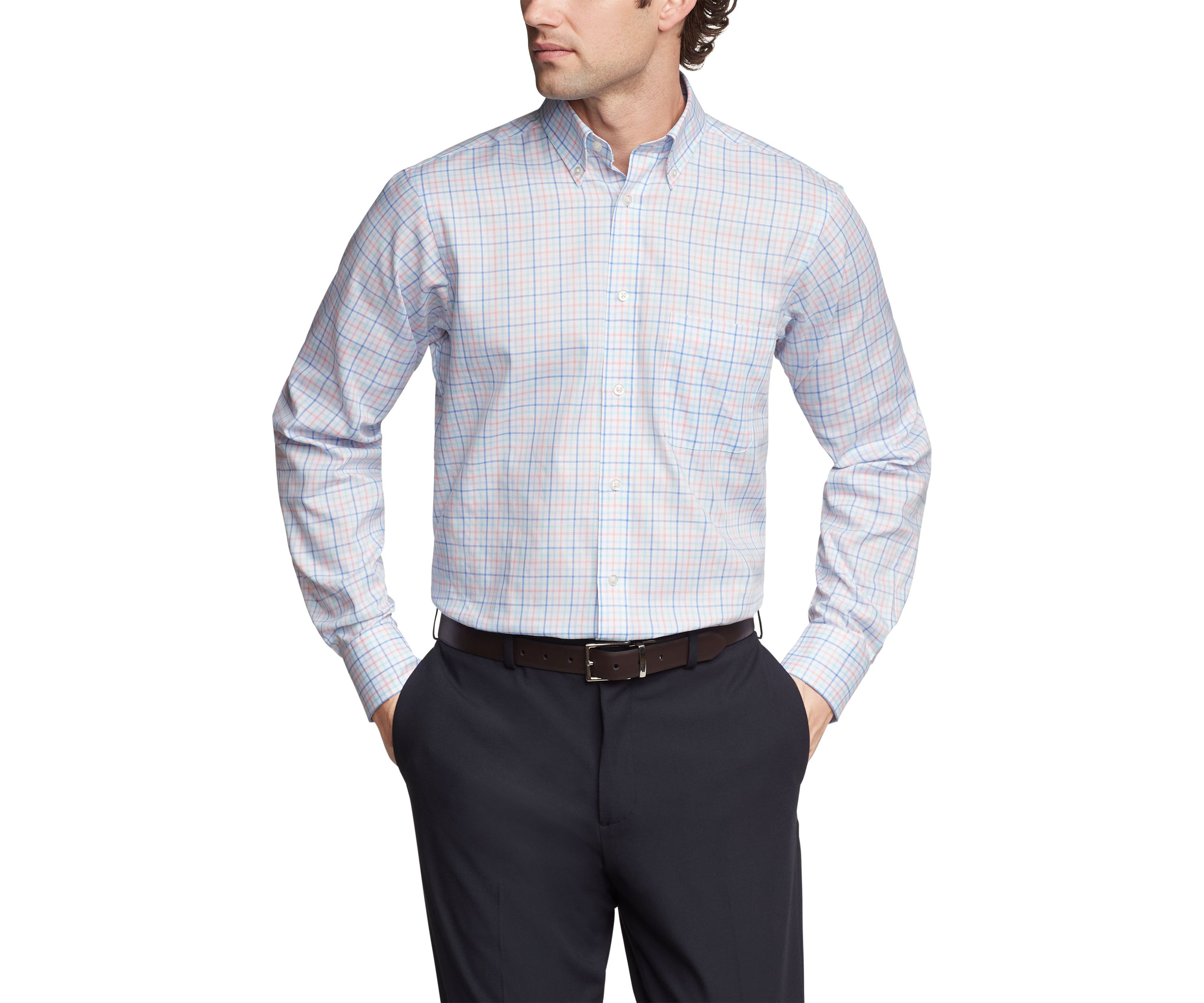 Mens Tall Plaid Regular Fit Stretch Dress Shirt