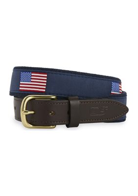 Vineyard Vines Men's American Flags Canvas Club Belt, Navy Blue, 40