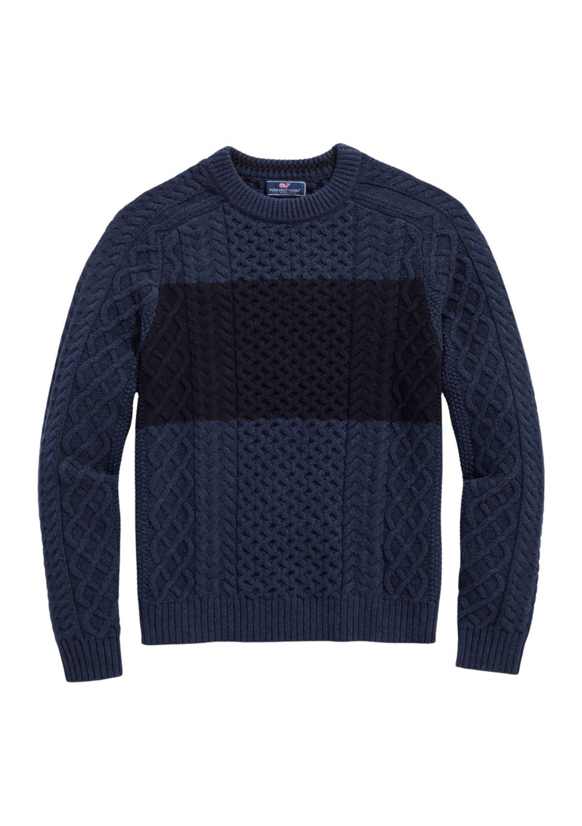 Chest Stripe Cable-Knit Crew Neck Fisherman Sweater