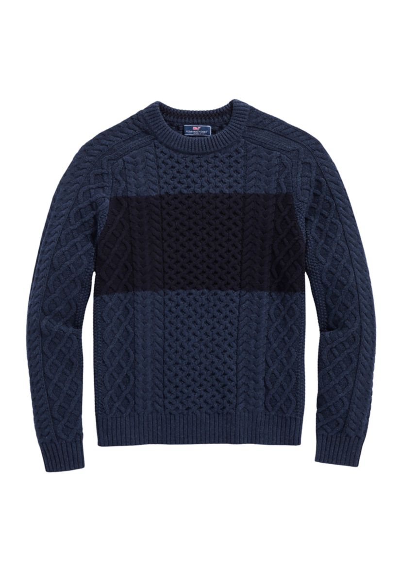 Chest Stripe Cable-Knit Crew Neck Fisherman Sweater