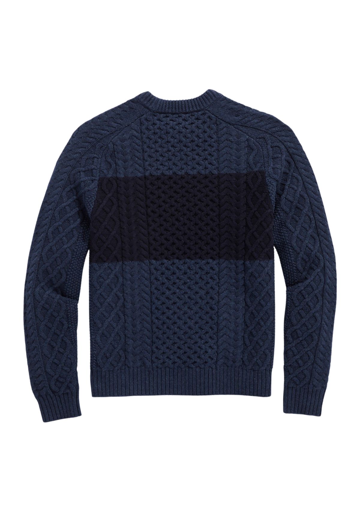 Chest Stripe Cable-Knit Crew Neck Fisherman Sweater