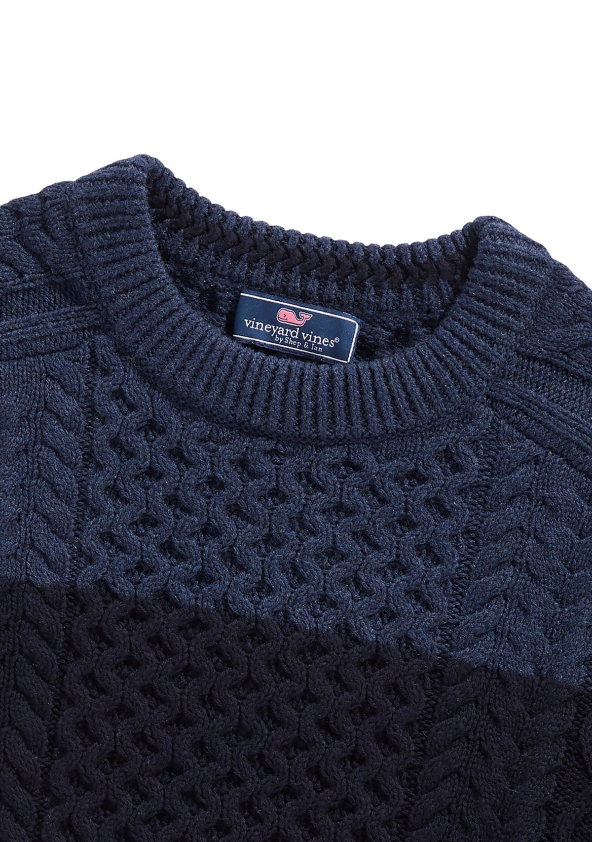 Chest Stripe Cable-Knit Crew Neck Fisherman Sweater