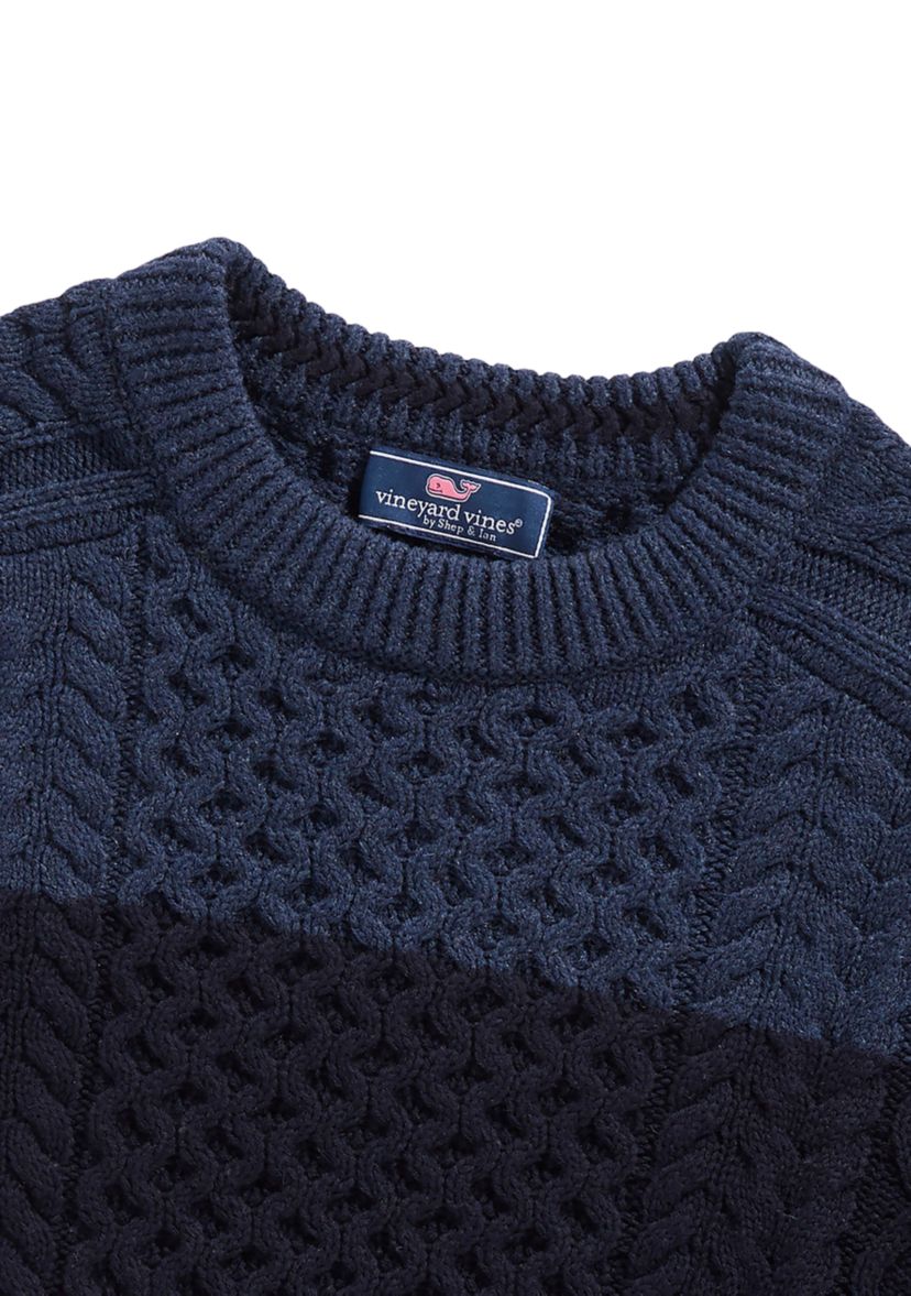Chest Stripe Cable-Knit Crew Neck Fisherman Sweater