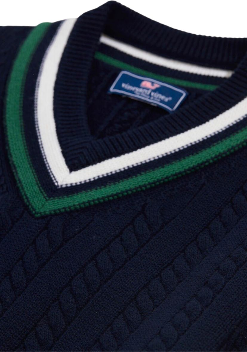 Mens Varsity Cable V-Neck Sweater