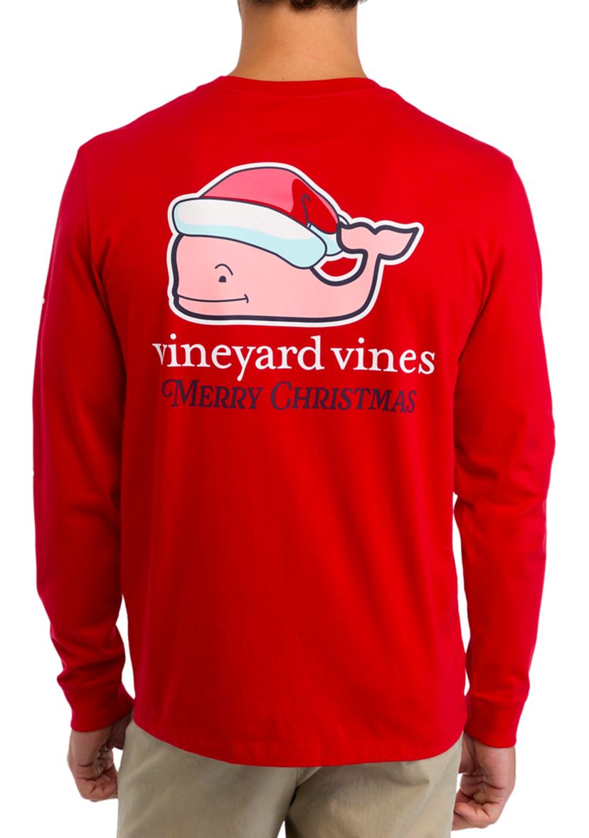 Mens Santa Whale Long Sleeve Pocket Graphic T-Shirt