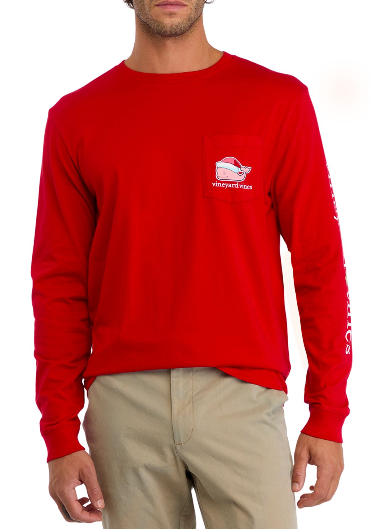 Mens Santa Whale Long Sleeve Pocket Graphic T-Shirt