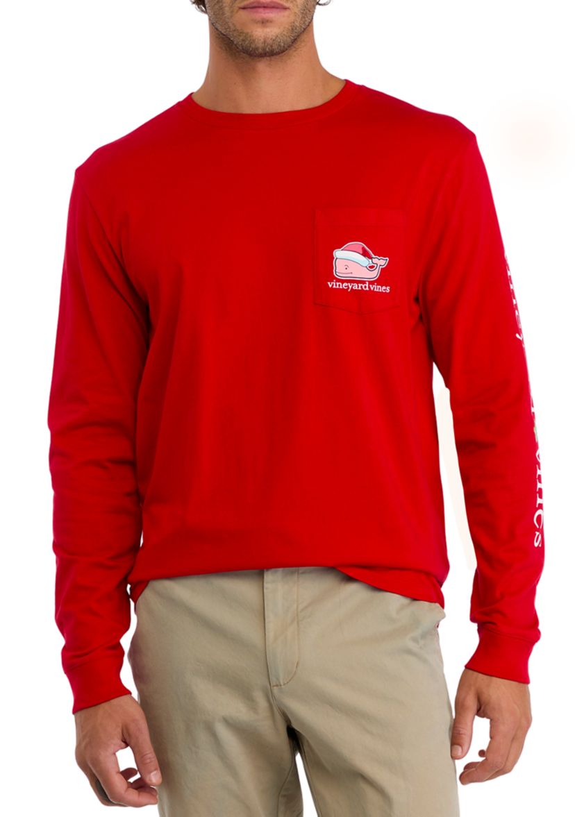 Mens Santa Whale Long Sleeve Pocket Graphic T-Shirt