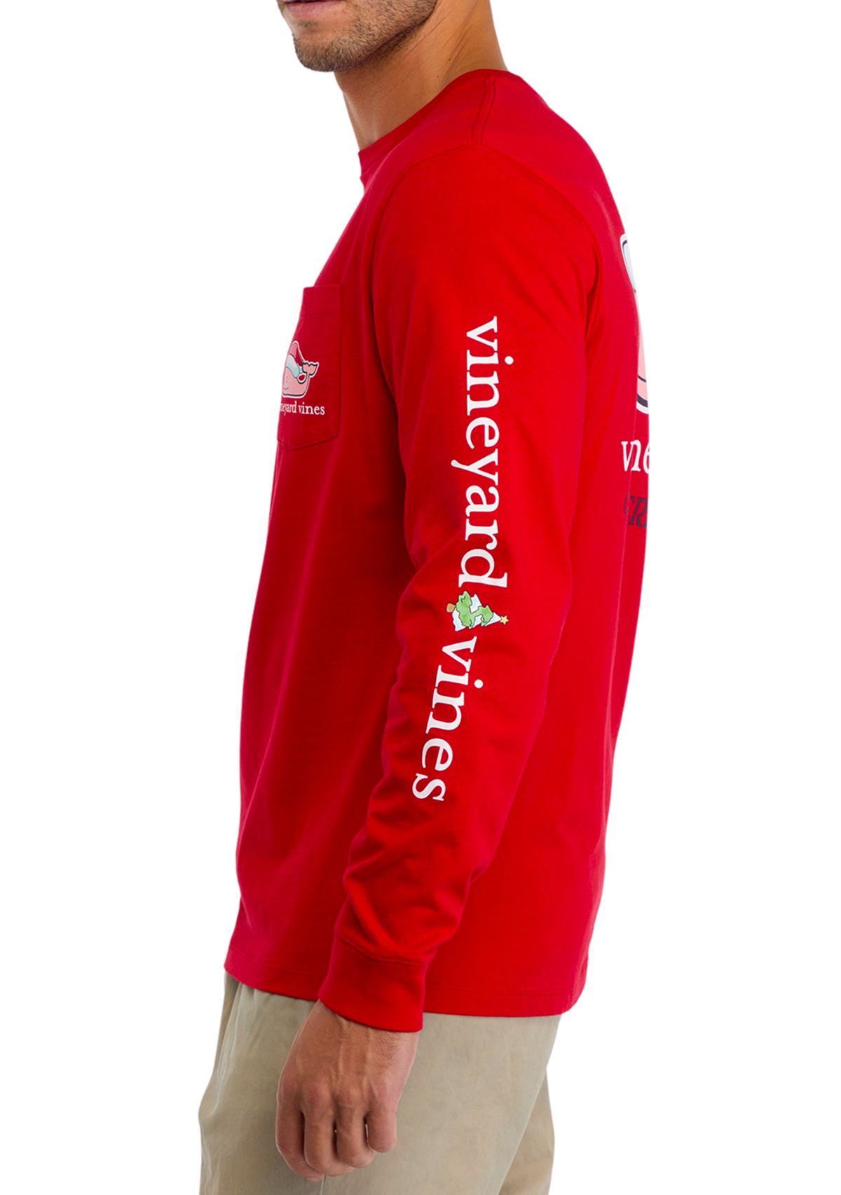 Mens Santa Whale Long Sleeve Pocket Graphic T-Shirt
