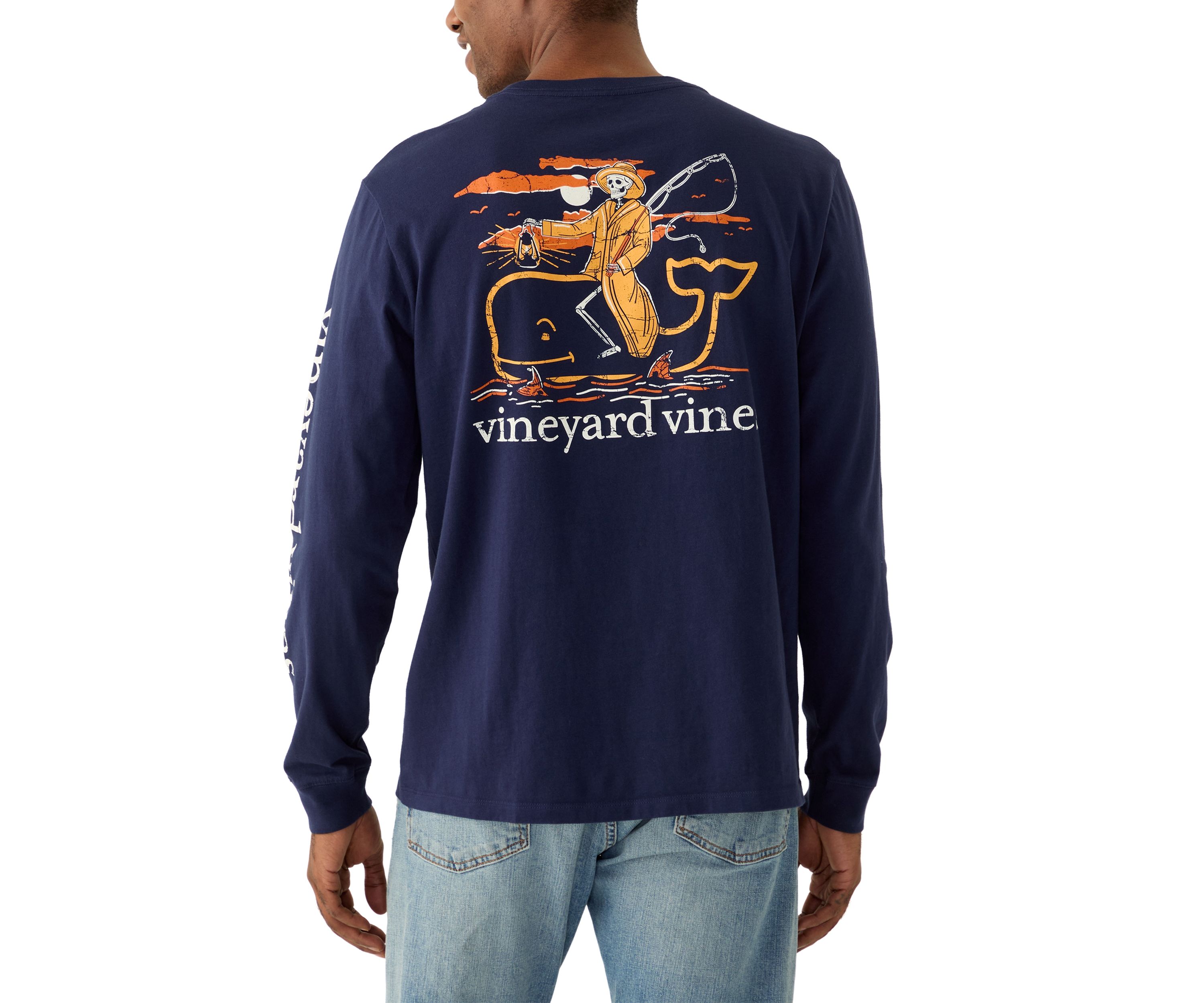 Mens Fisherman Skeleton Long Sleeve Graphic T-Shirt