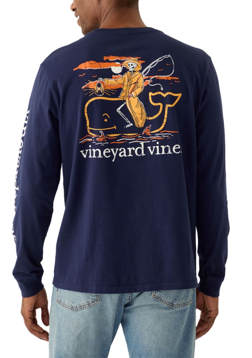 Mens Fisherman Skeleton Long Sleeve Graphic T-Shirt