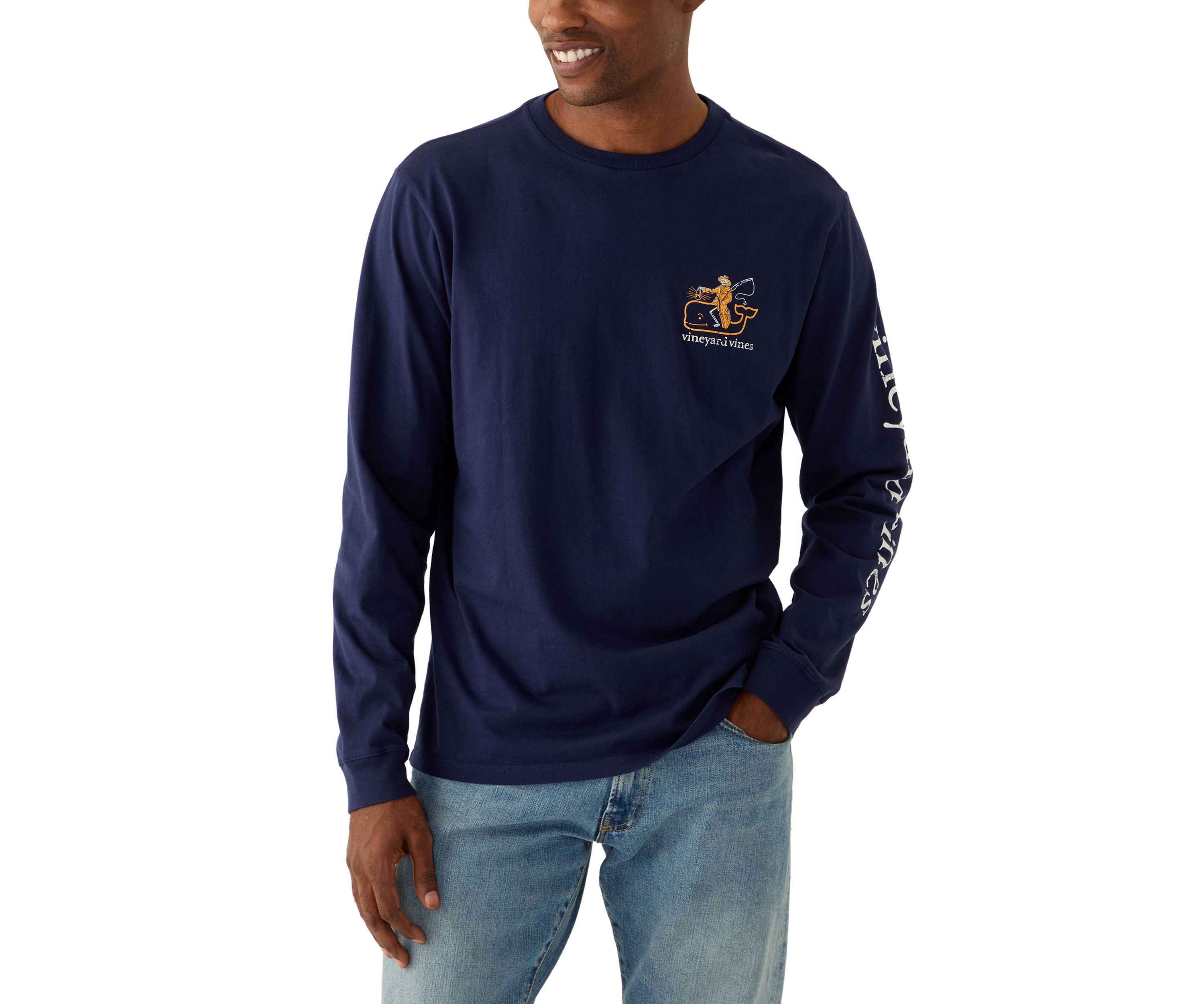Mens Fisherman Skeleton Long Sleeve Graphic T-Shirt