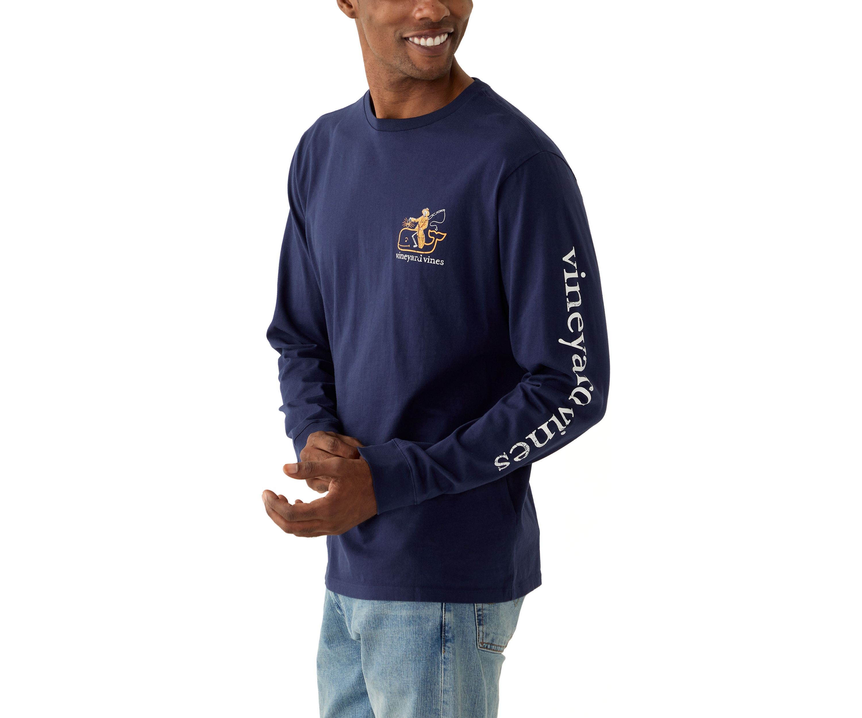 Mens Fisherman Skeleton Long Sleeve Graphic T-Shirt