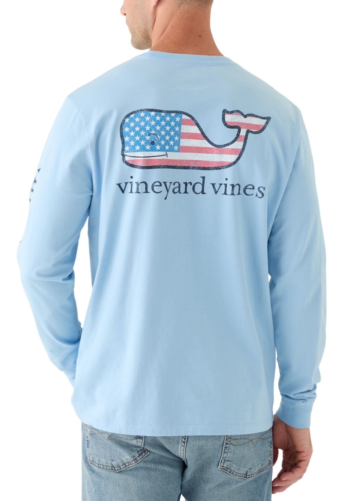 Mens Flag Whale Long Sleeve Pocket Graphic T-Shirt