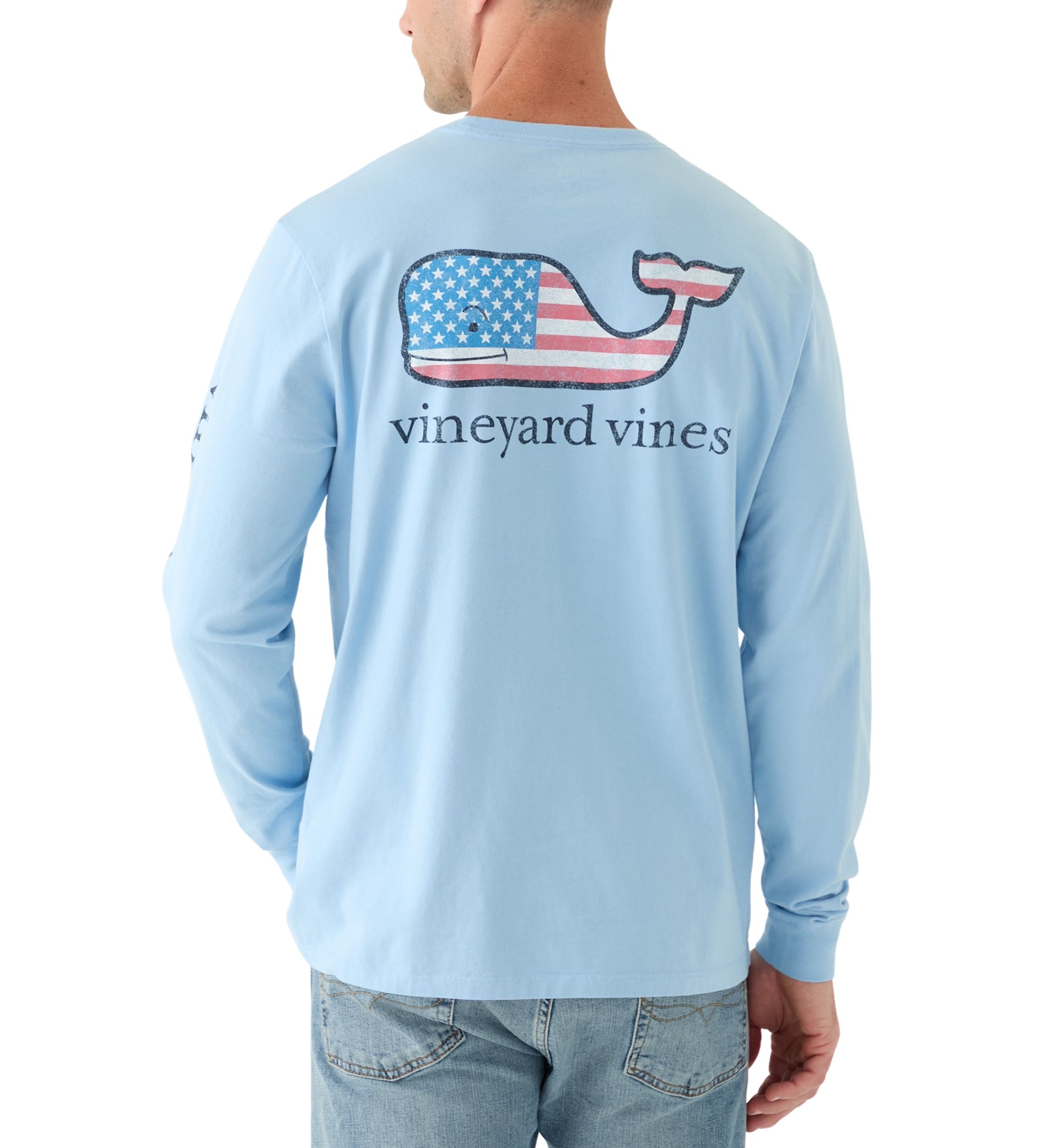 Mens Flag Whale Long Sleeve Pocket Graphic T-Shirt
