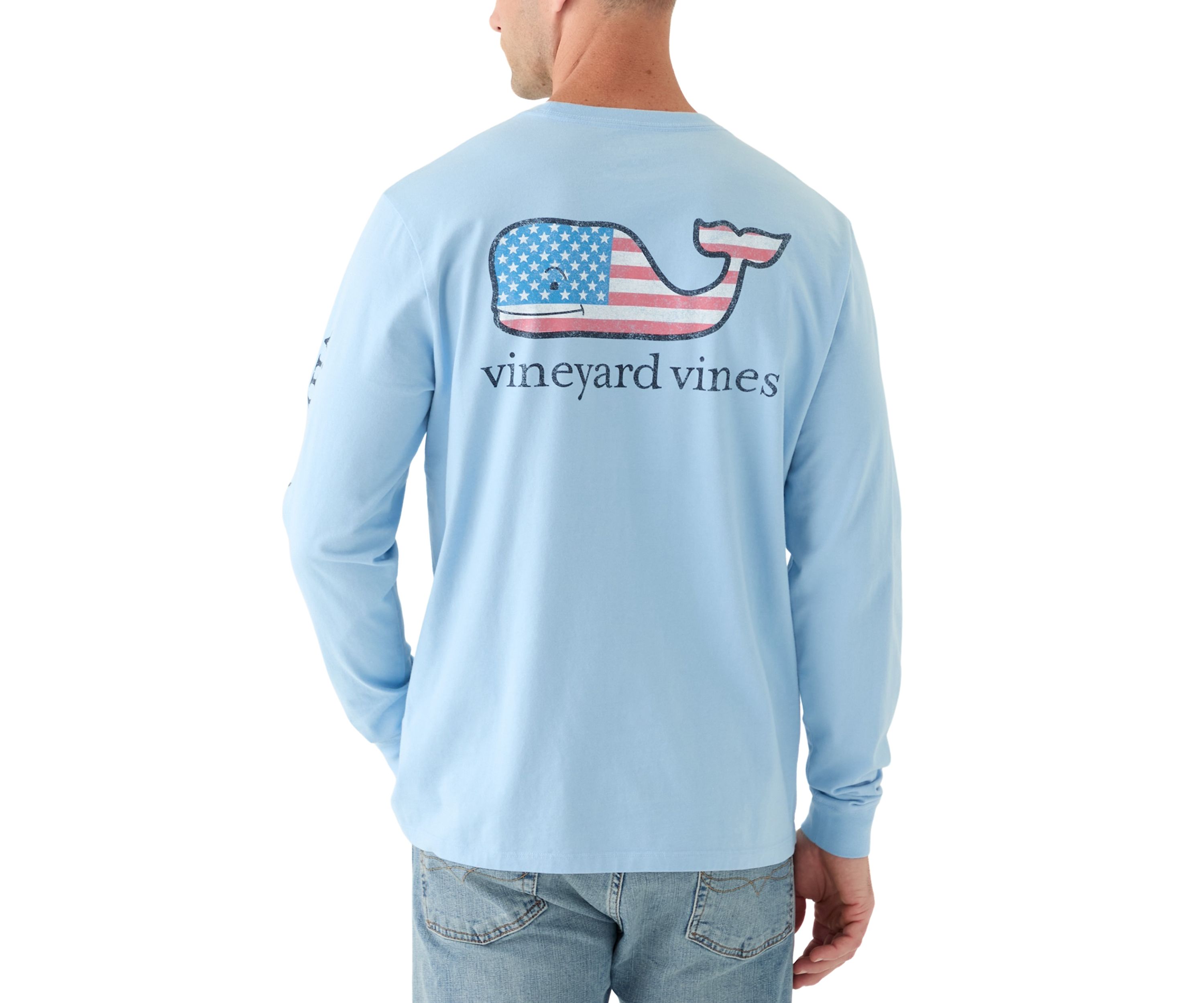 Mens Flag Whale Long Sleeve Pocket Graphic T-Shirt