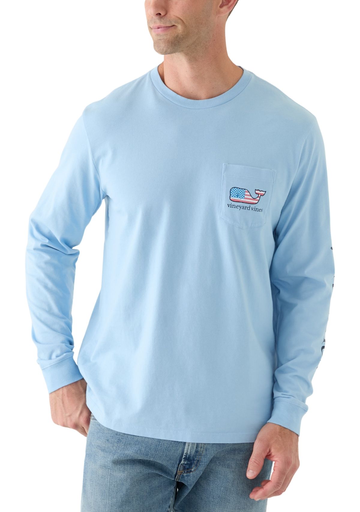 Mens Flag Whale Long Sleeve Pocket Graphic T-Shirt