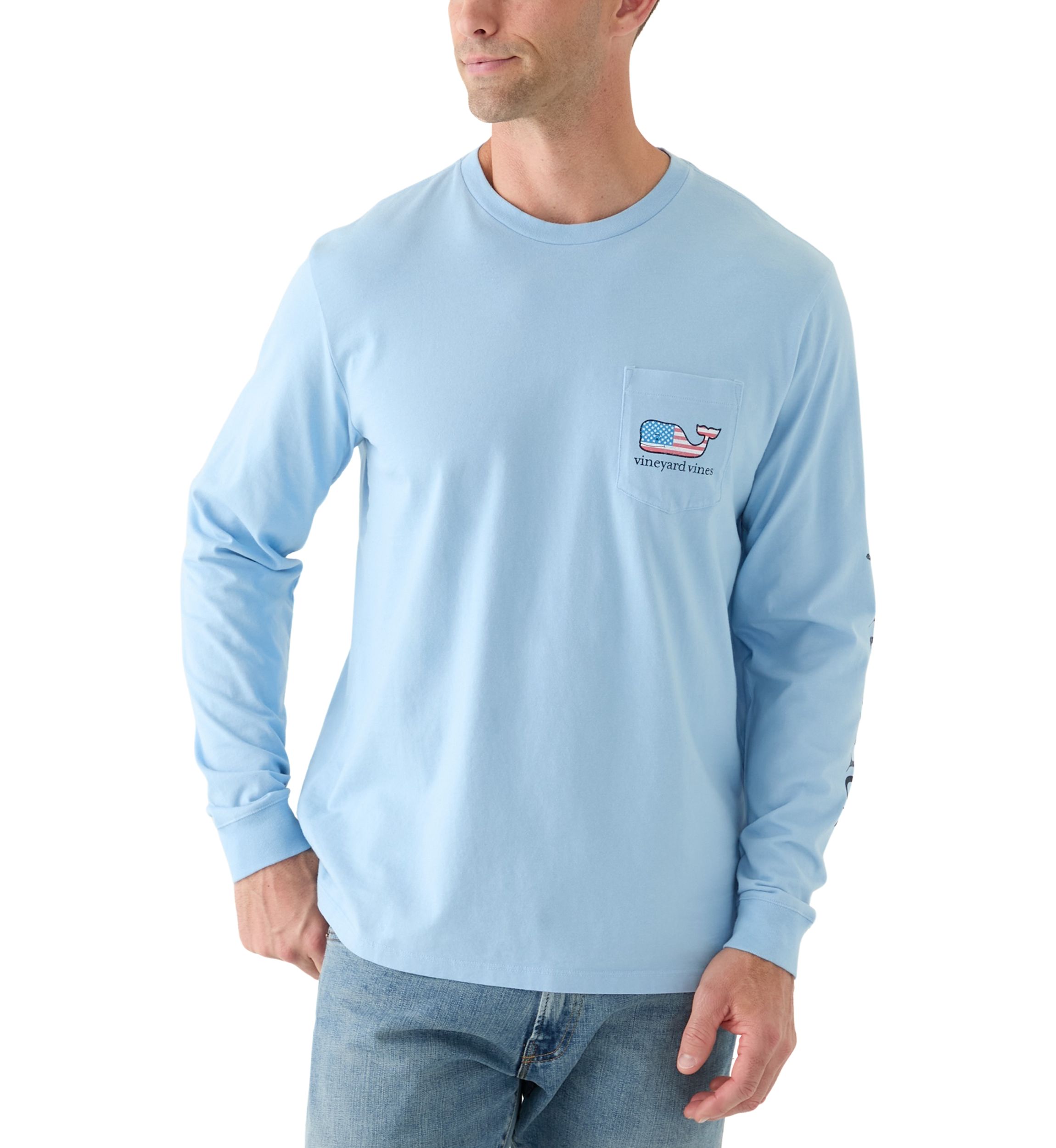 Mens Flag Whale Long Sleeve Pocket Graphic T-Shirt