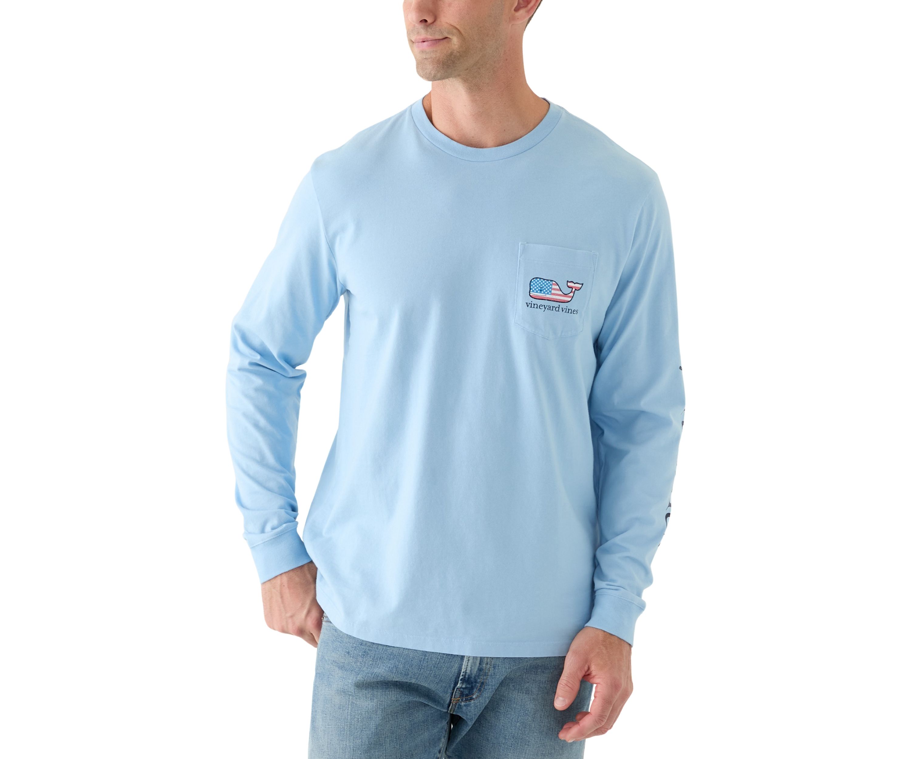 Mens Flag Whale Long Sleeve Pocket Graphic T-Shirt