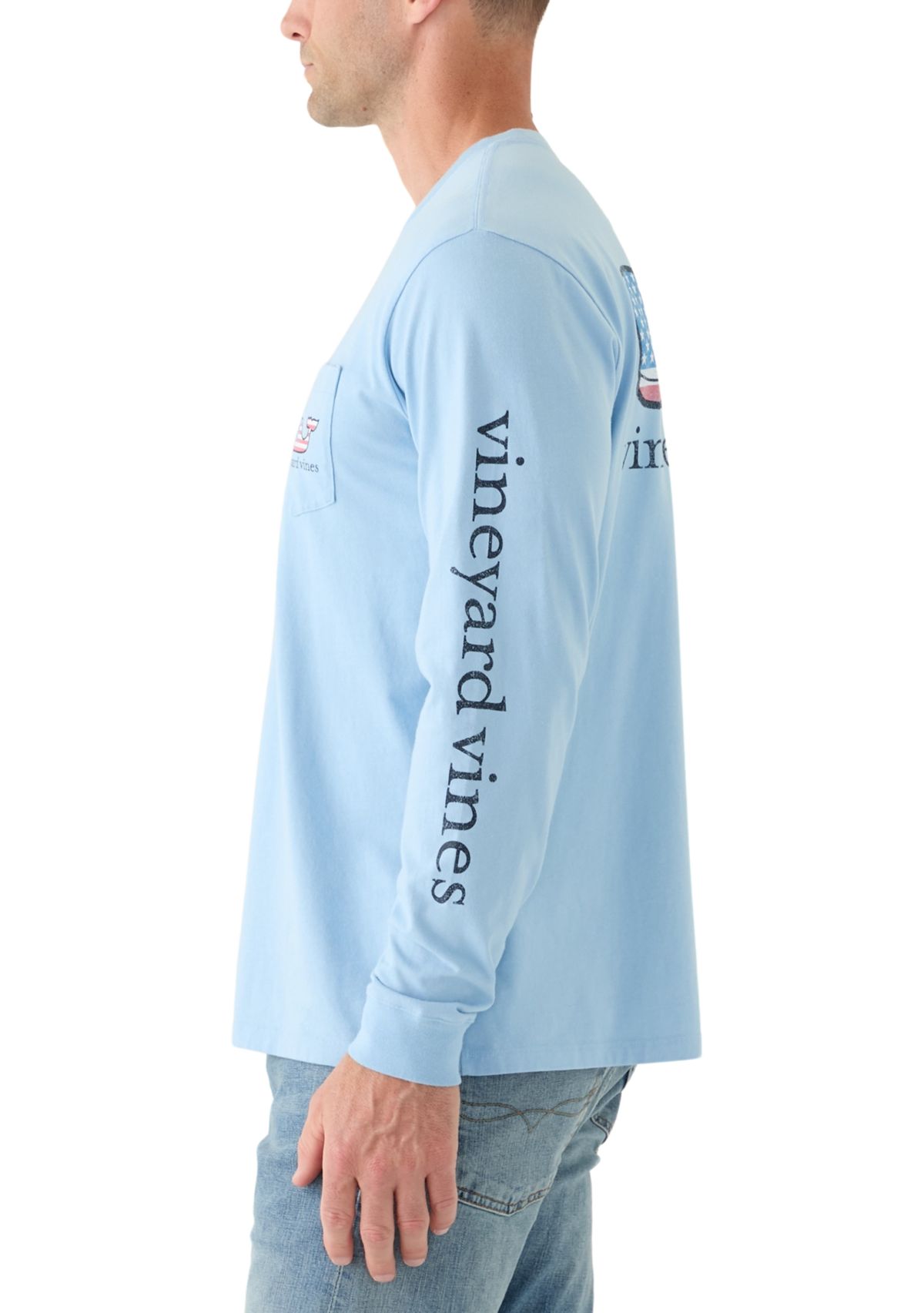 Mens Flag Whale Long Sleeve Pocket Graphic T-Shirt