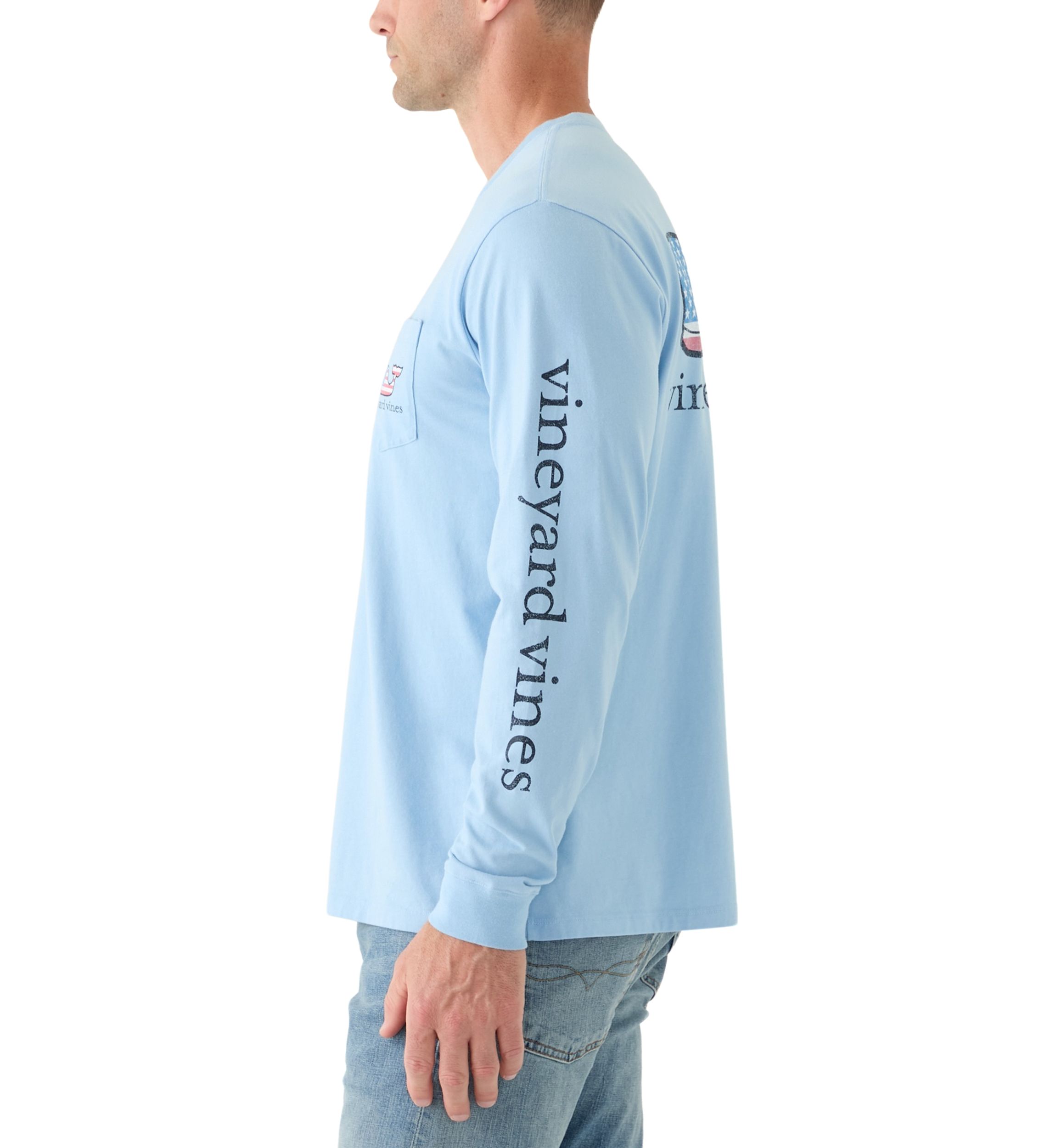 Mens Flag Whale Long Sleeve Pocket Graphic T-Shirt
