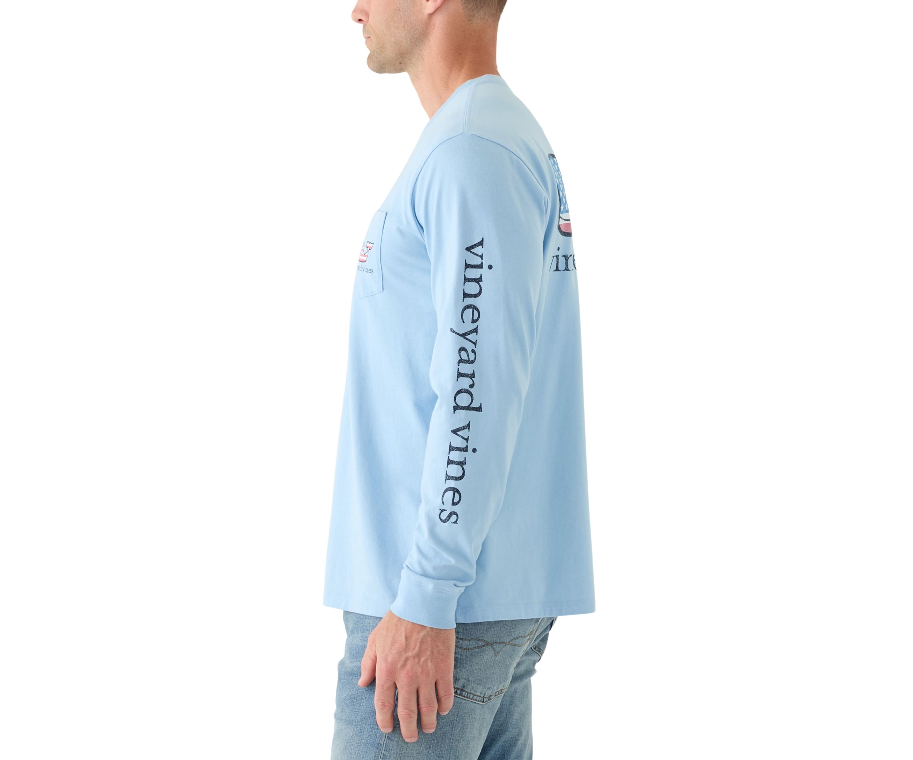 Mens Flag Whale Long Sleeve Pocket Graphic T-Shirt