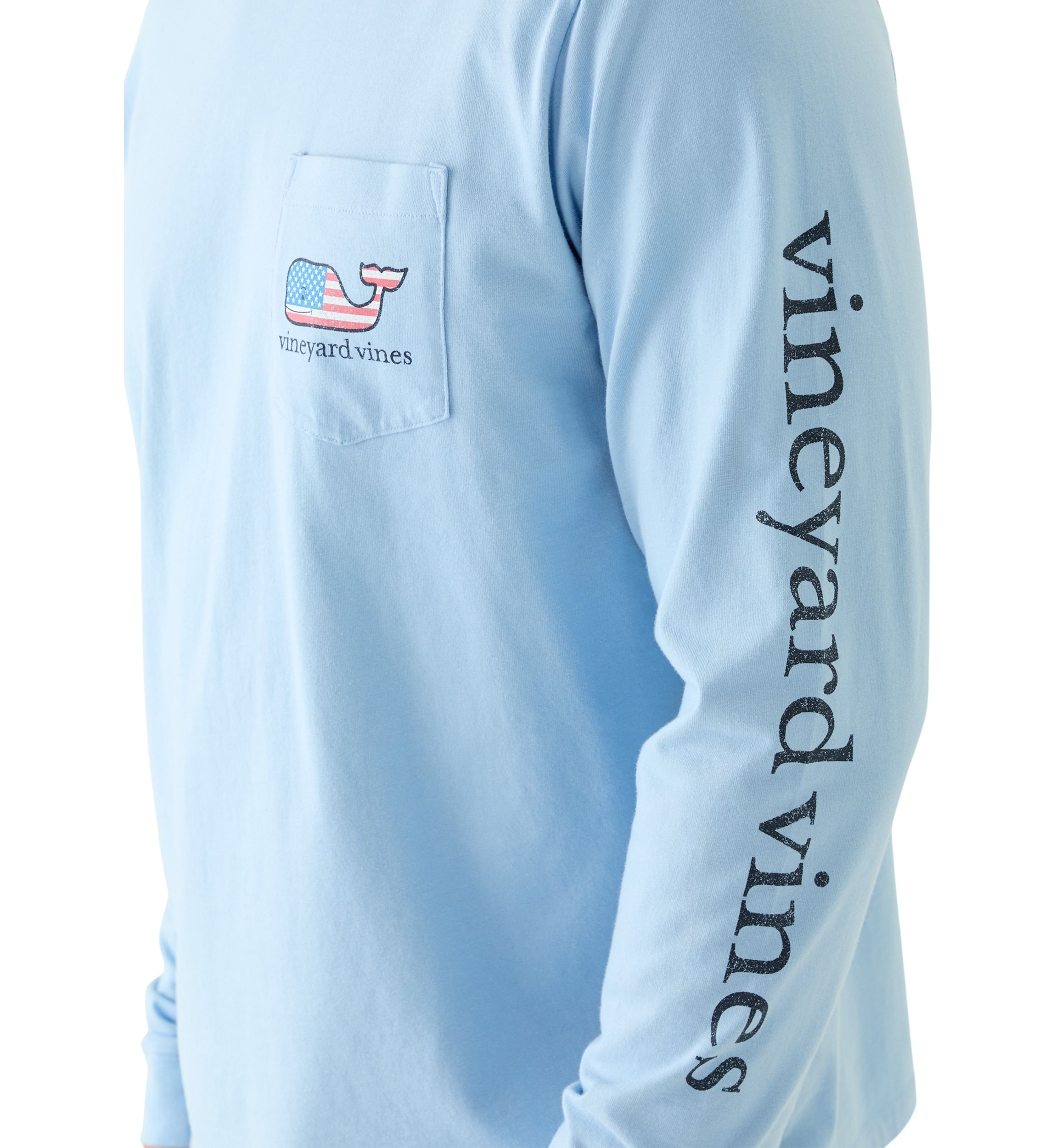 Mens Flag Whale Long Sleeve Pocket Graphic T-Shirt
