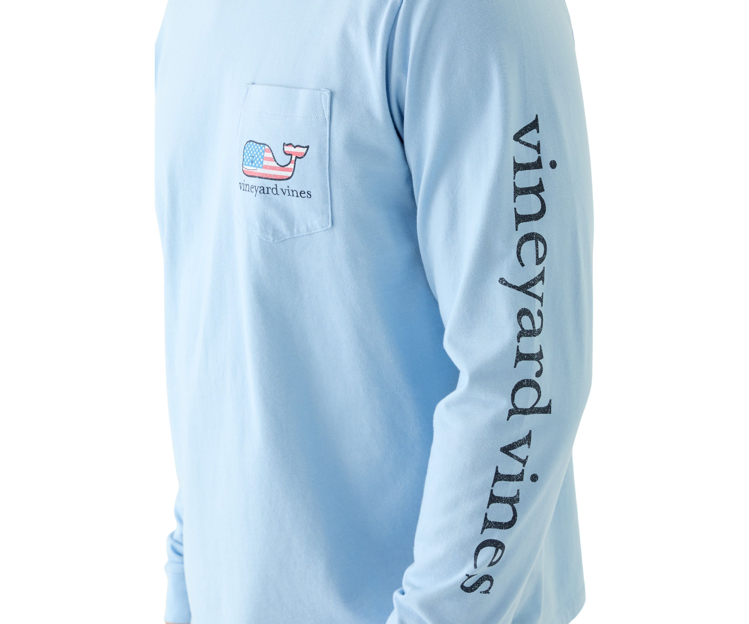 Mens Flag Whale Long Sleeve Pocket Graphic T-Shirt